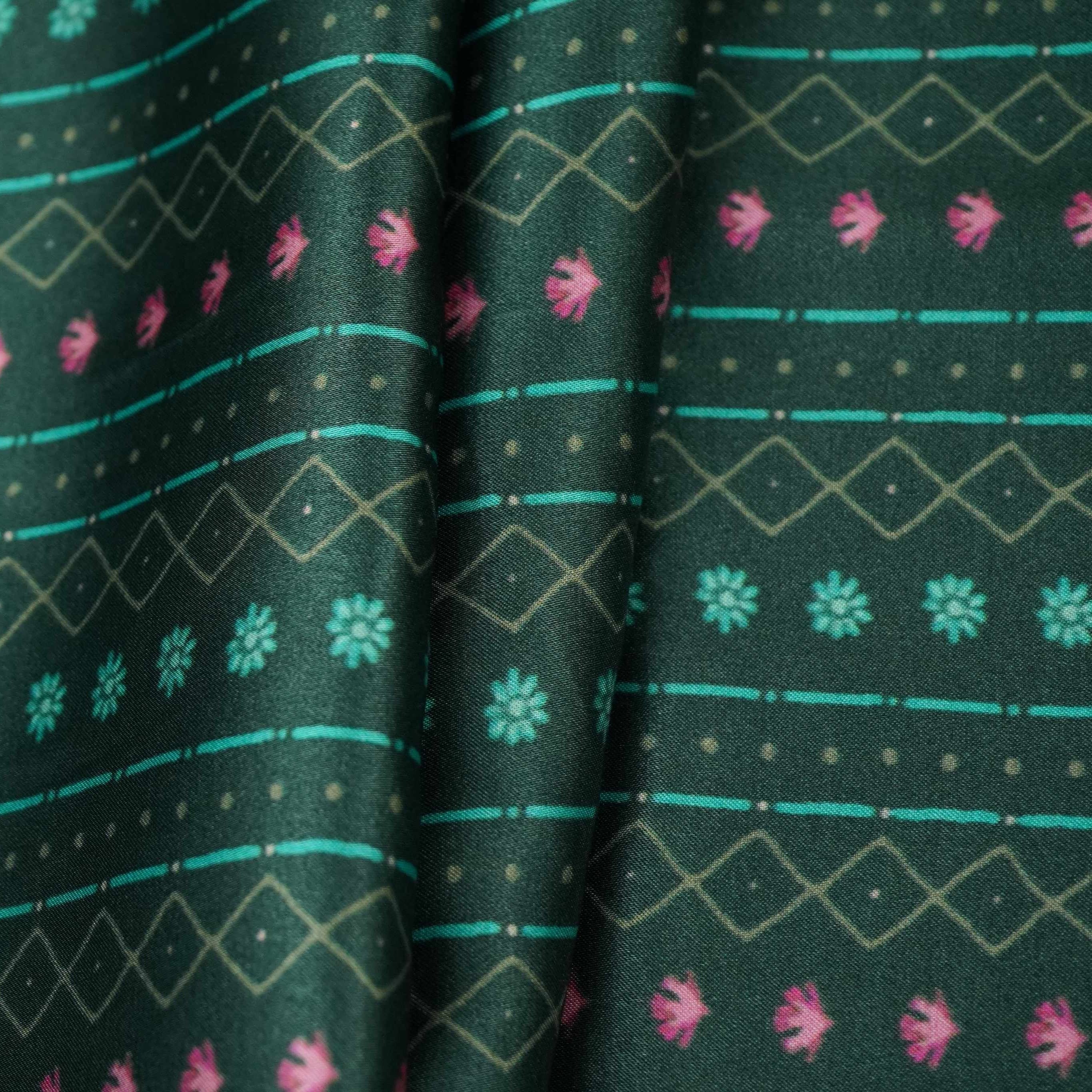 Bottle Green Geometrical stripes Bemberg Modal Silk Fabric KTP-31402 - TradeUNO