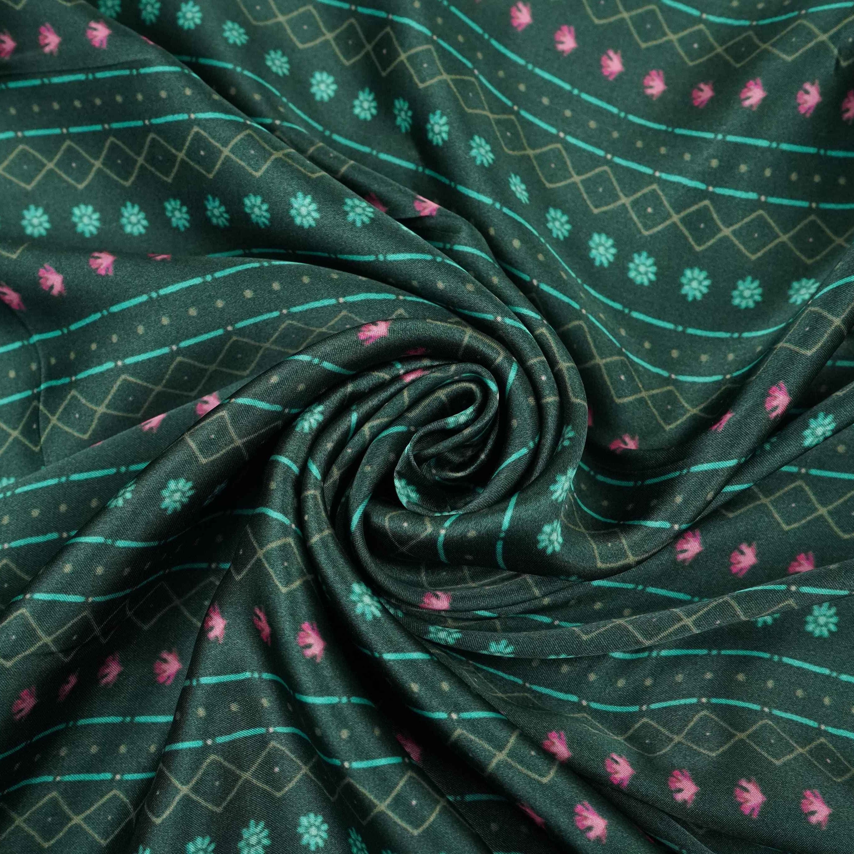 Bottle Green Geometrical stripes Bemberg Modal Silk Fabric KTP-31402 - TradeUNO