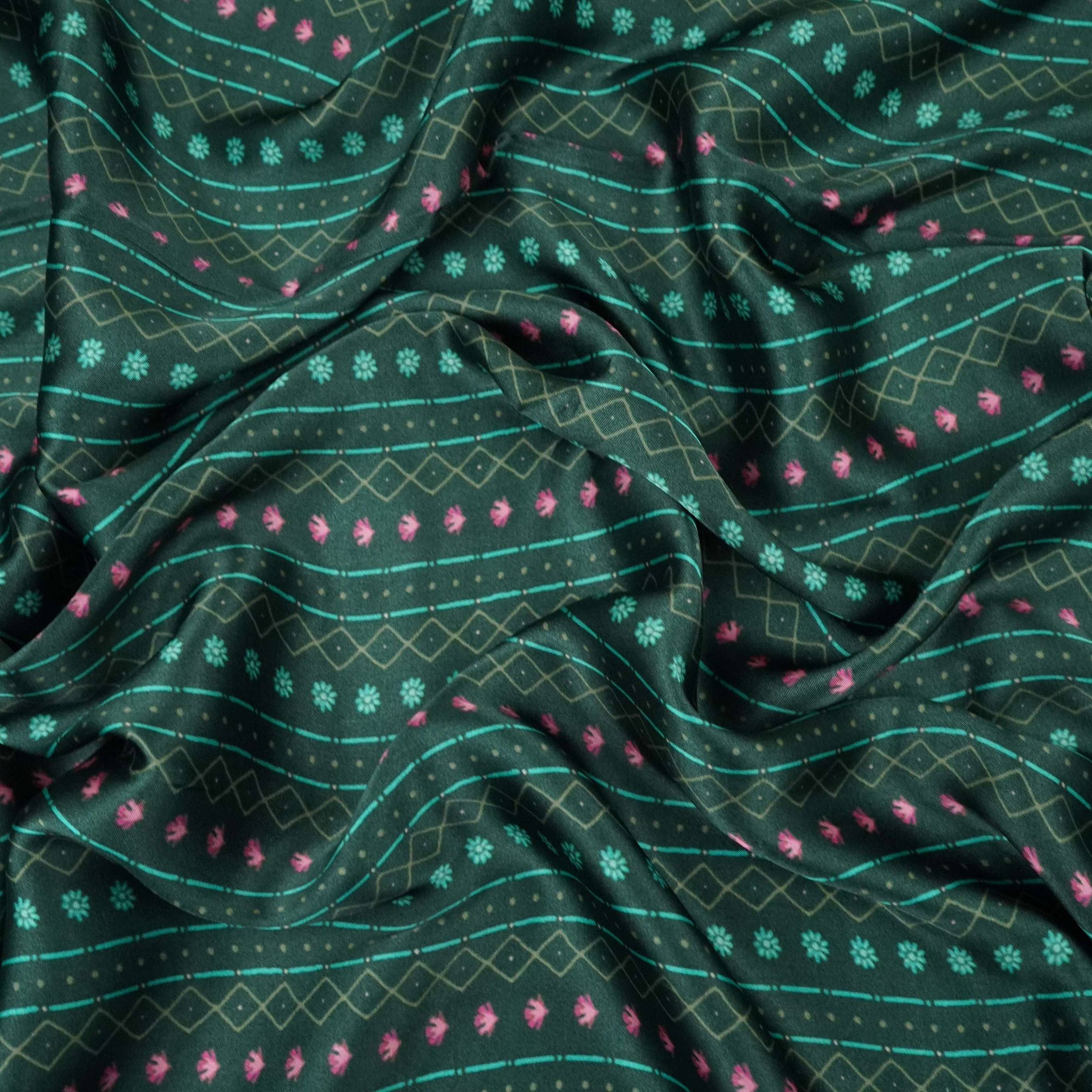 Bottle Green Geometrical stripes Bemberg Modal Silk Fabric KTP-31402 - TradeUNO