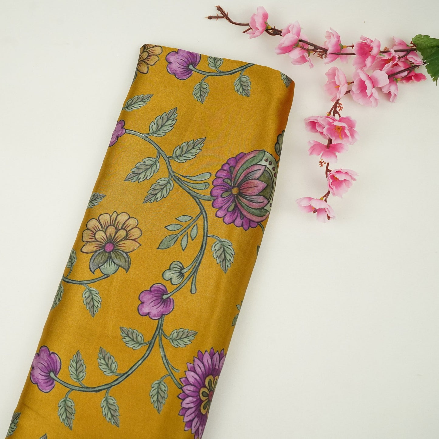 Mustard Kalamkari print Bemberg Modal Silk Fabric KTP-31389