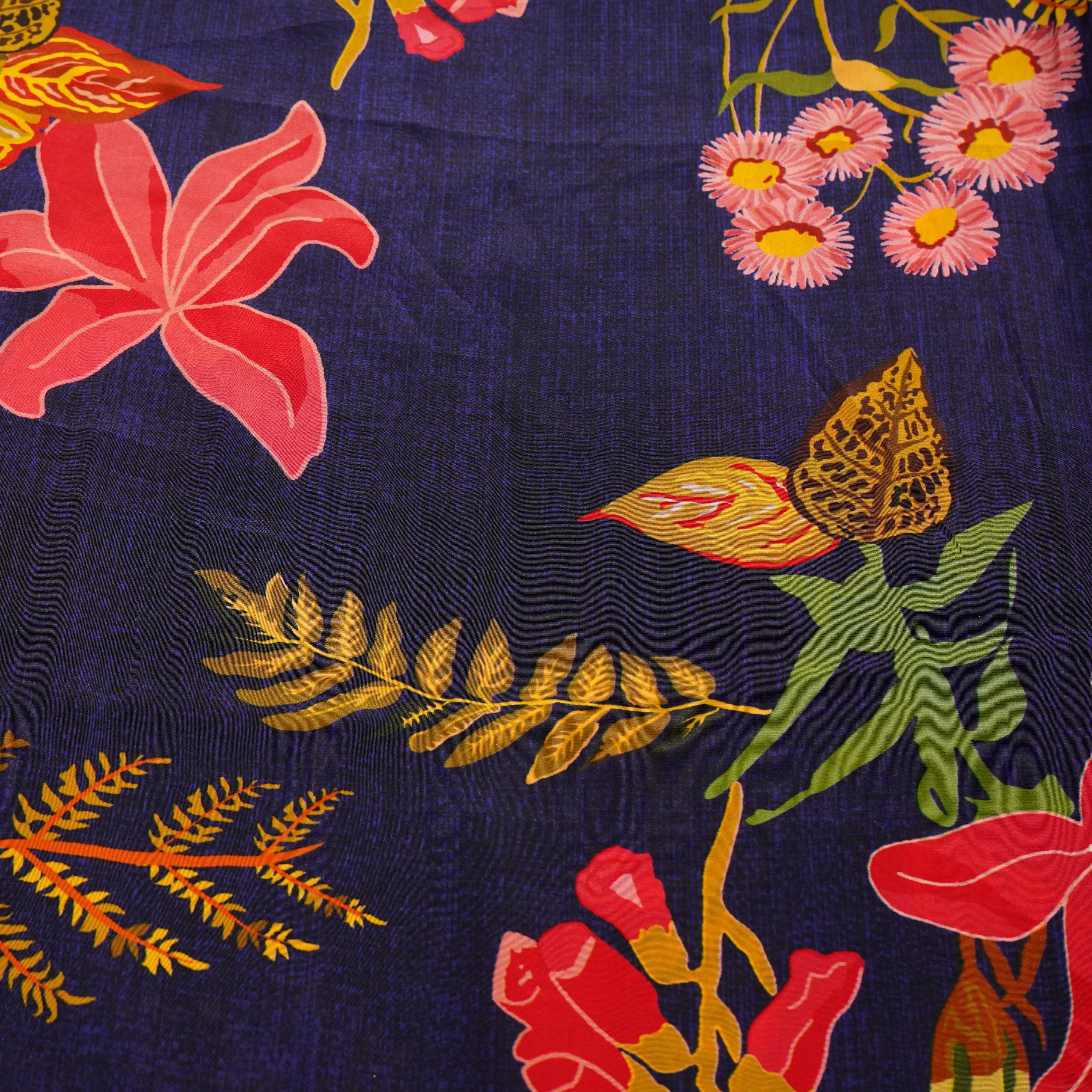 Navy Blue Floral Print Natural Crepe Fabric 21059