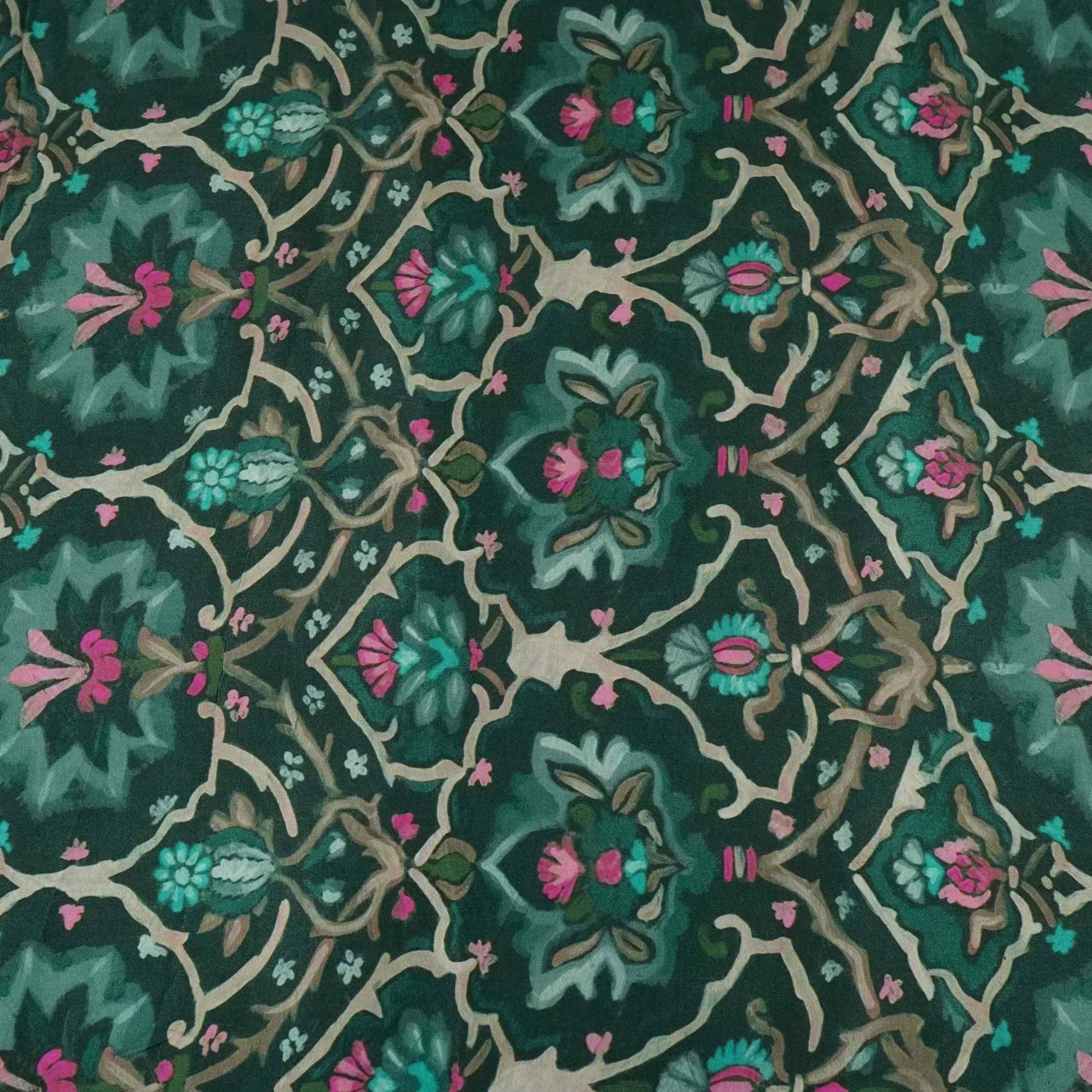 Bottle Green Mughal floral print Bemberg Modal Silk Fabric KTP-31403 - TradeUNO