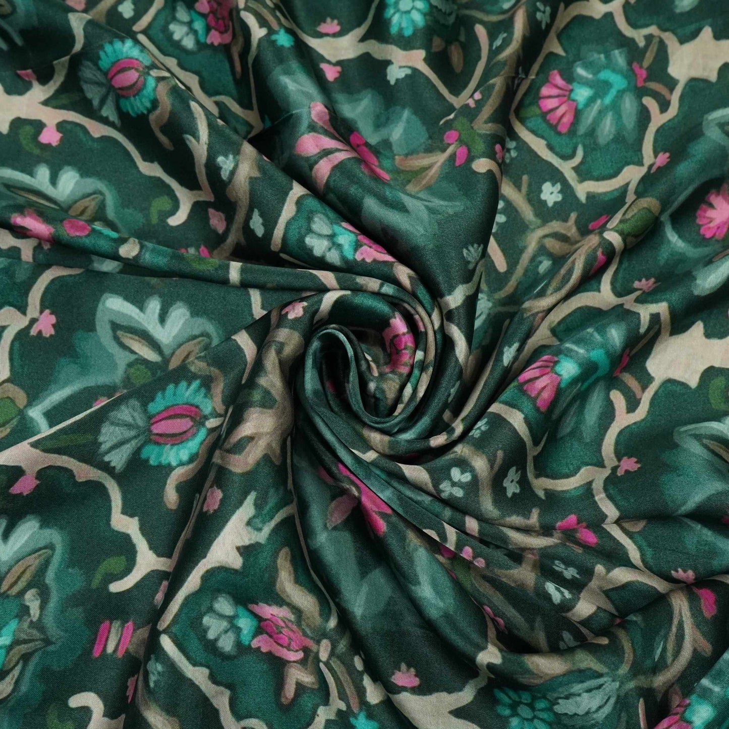 Bottle Green Mughal floral print Bemberg Modal Silk Fabric KTP-31403