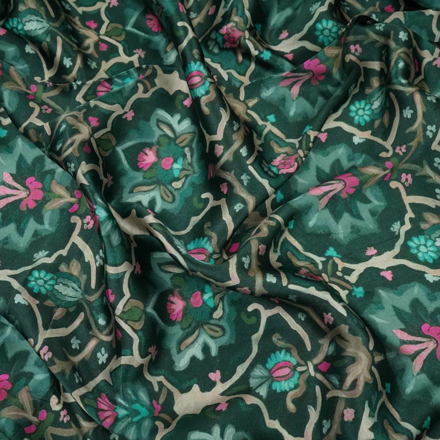 Bottle Green Mughal floral print Bemberg Modal Silk Fabric KTP-31403