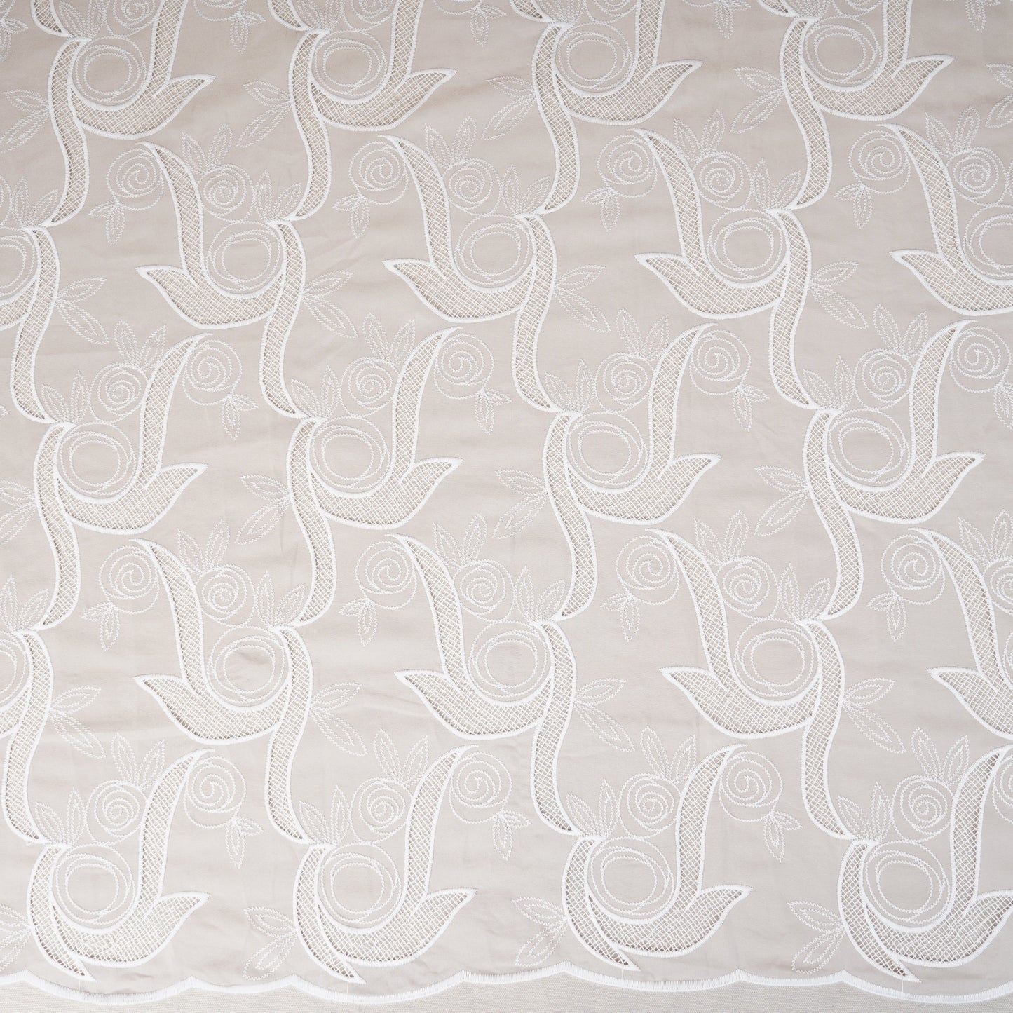 Beige Floral Embroidery Schiffli Crepe Fabric AF-29921