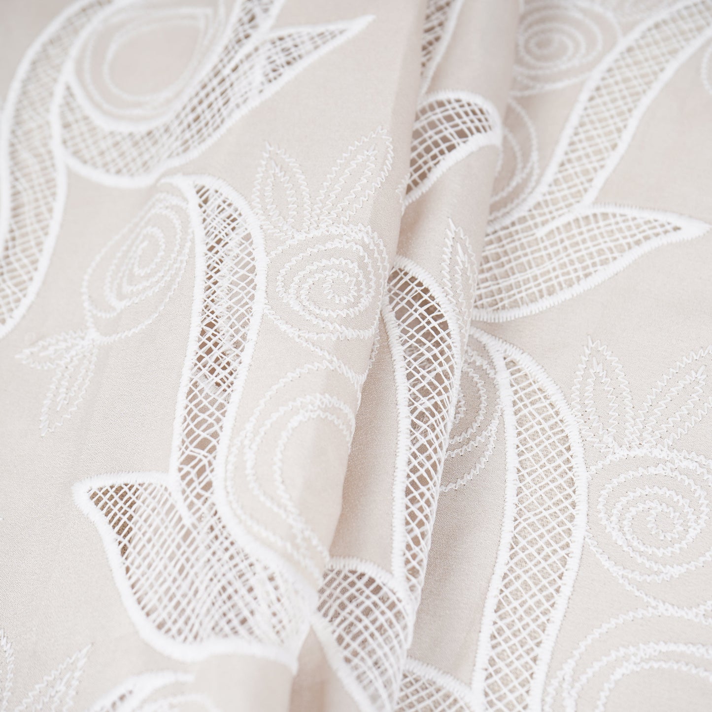 Beige Floral Embroidery Schiffli Crepe Fabric AF-29921