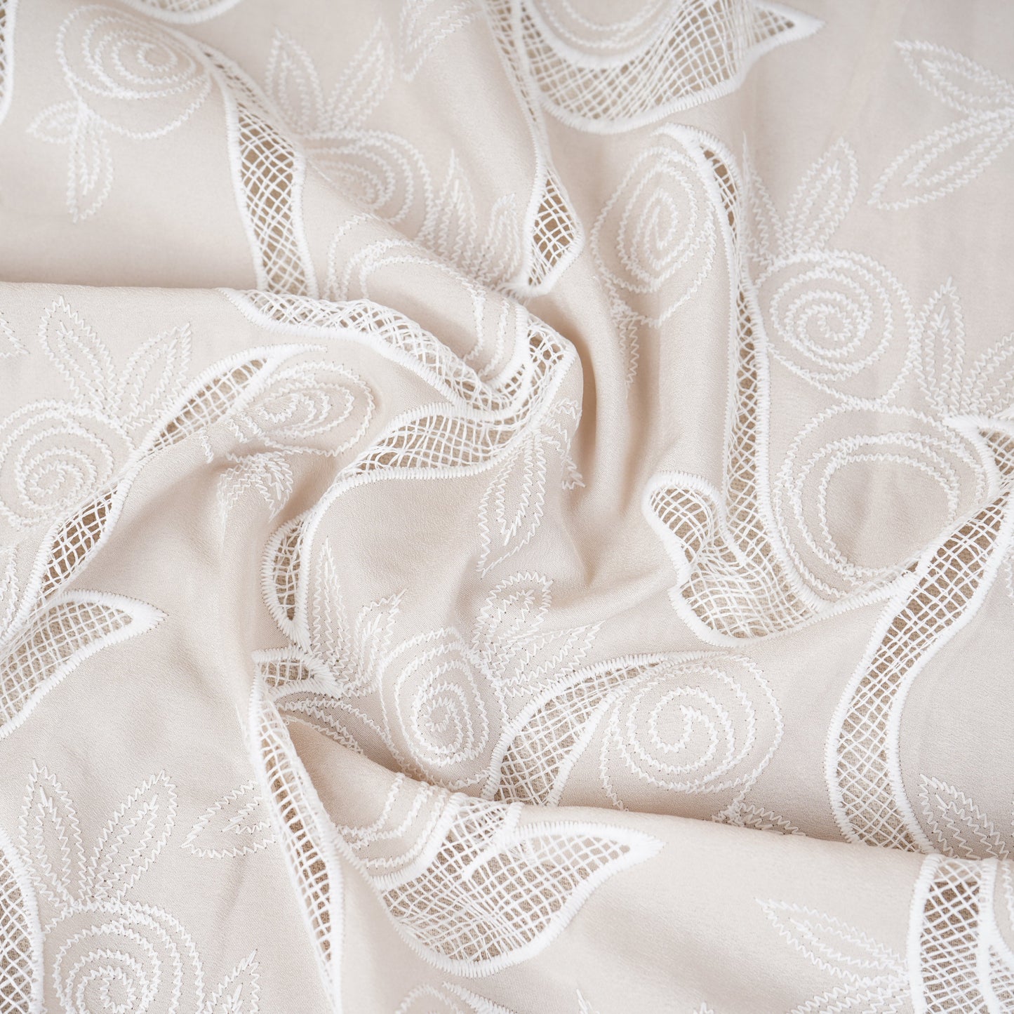 Beige Floral Embroidery Schiffli Crepe Fabric AF-29921