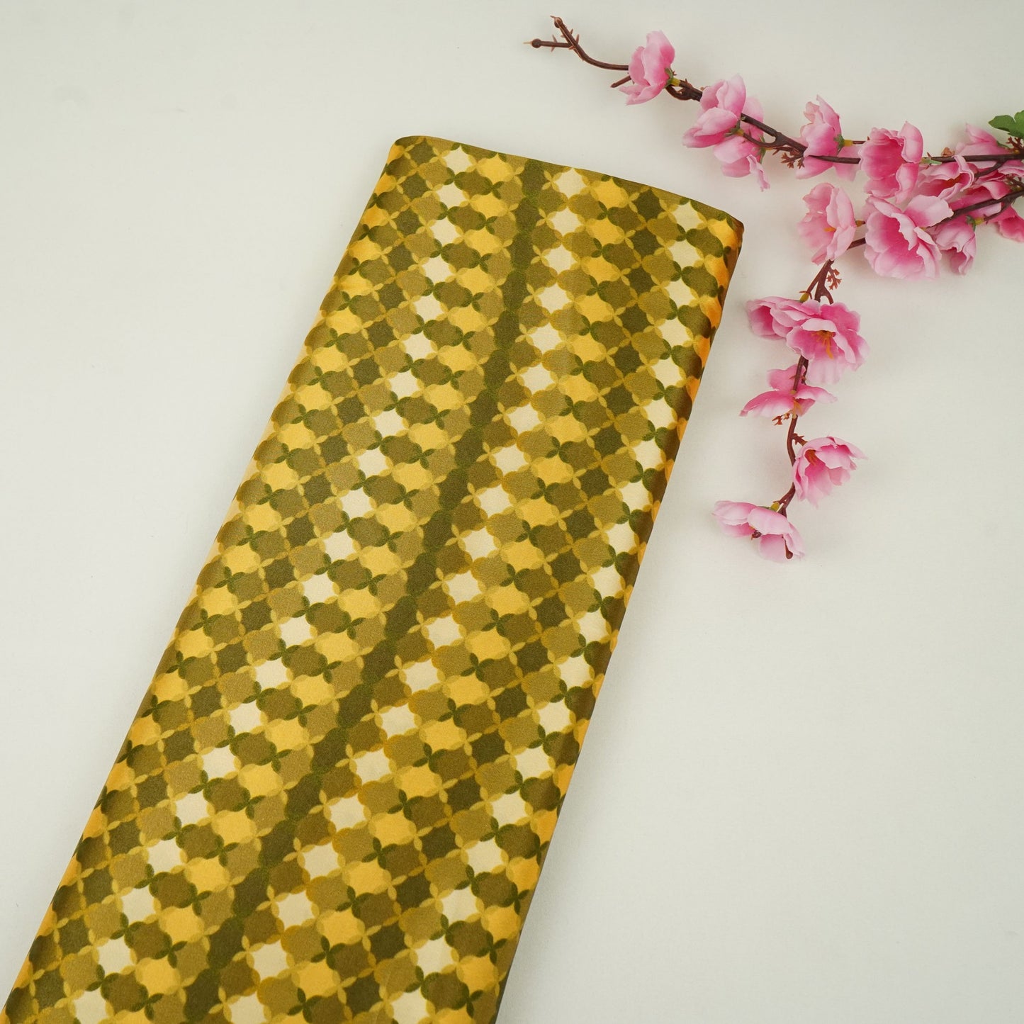 Mustard with Green Tropical stripes Bemberg Modal Silk Fabric KTP-31419