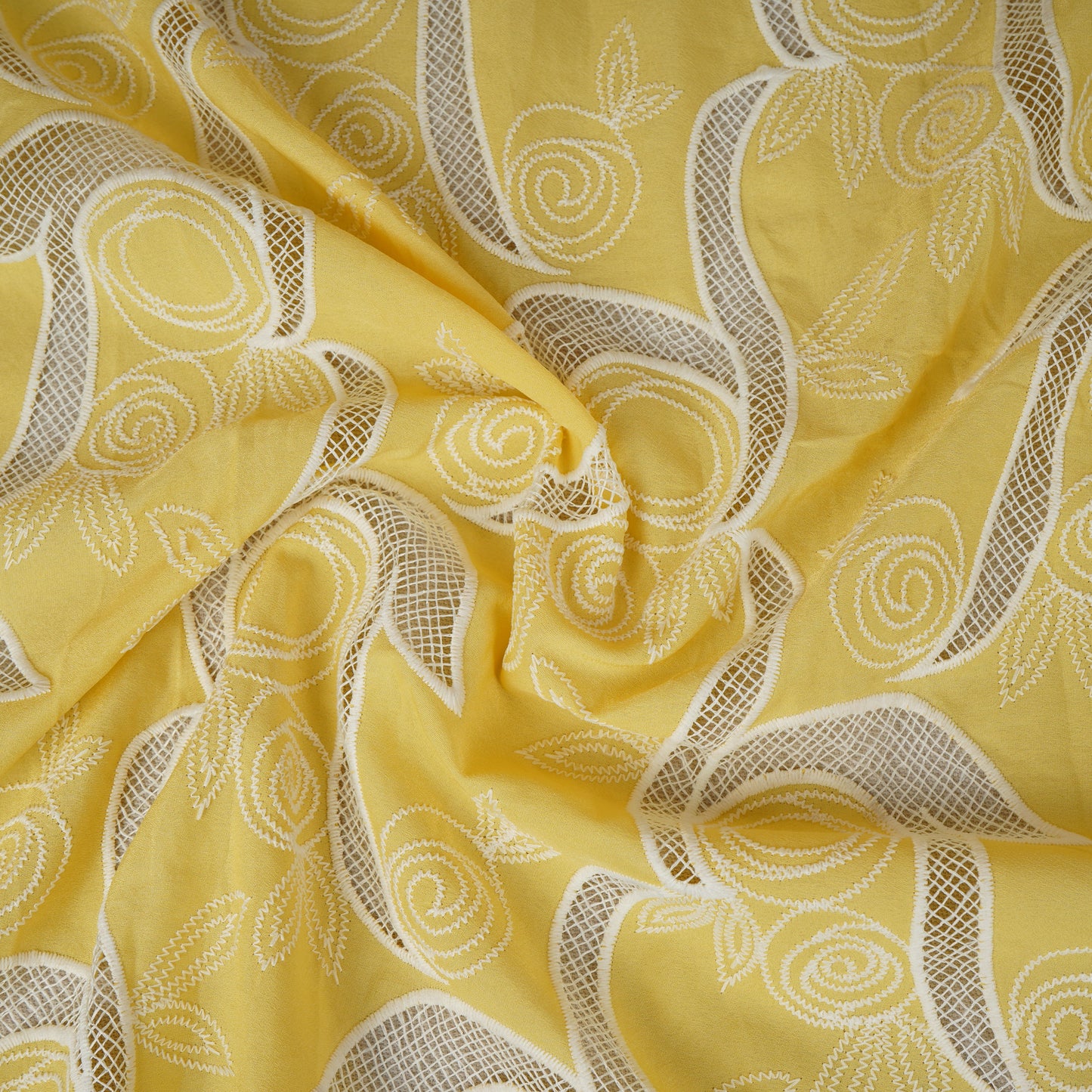 Yellow Floral Embroidery Schiffli Crepe Fabric AF-29918