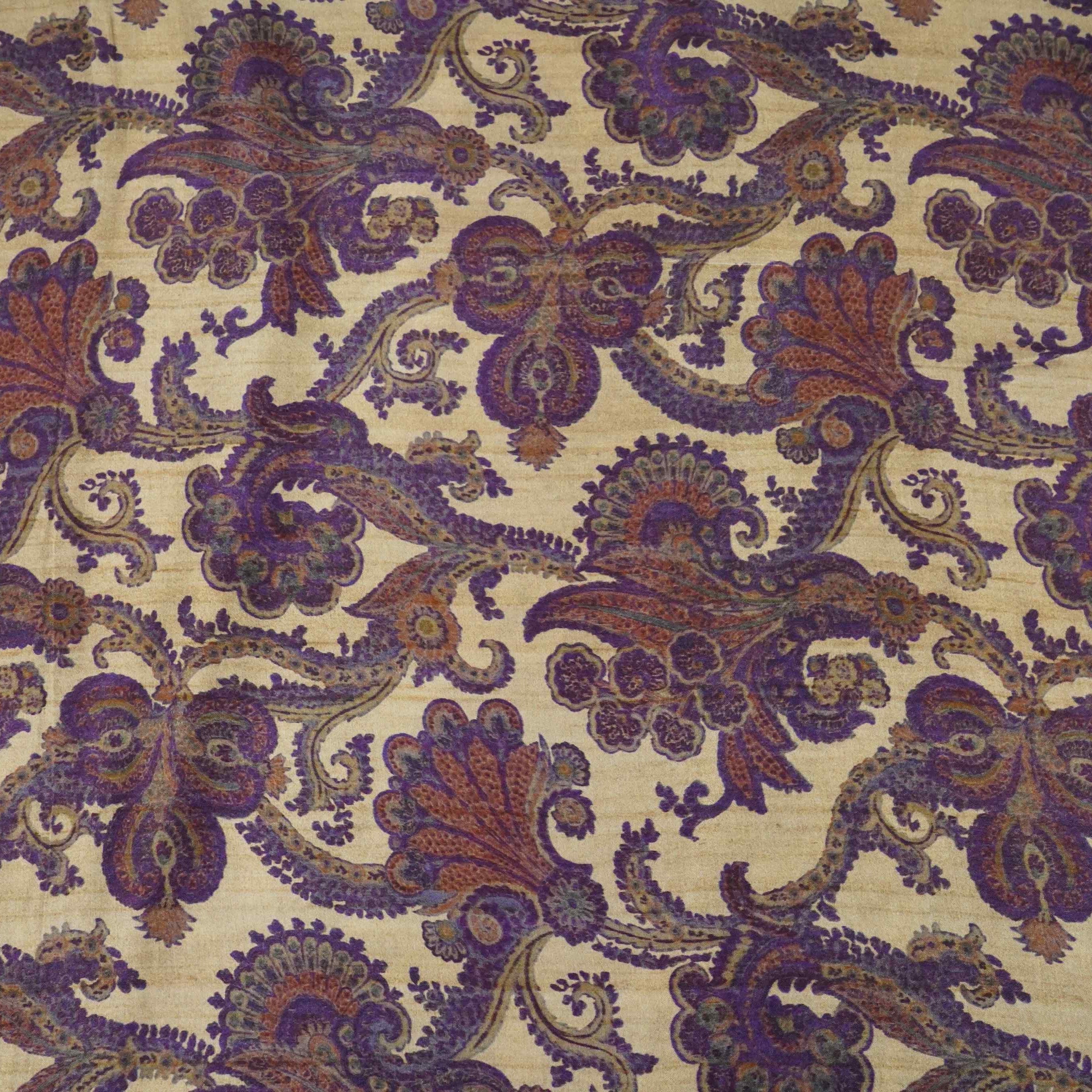 Beige with Purple Paisley print Bemberg Modal Silk Fabric KTP-31388 - TradeUNO