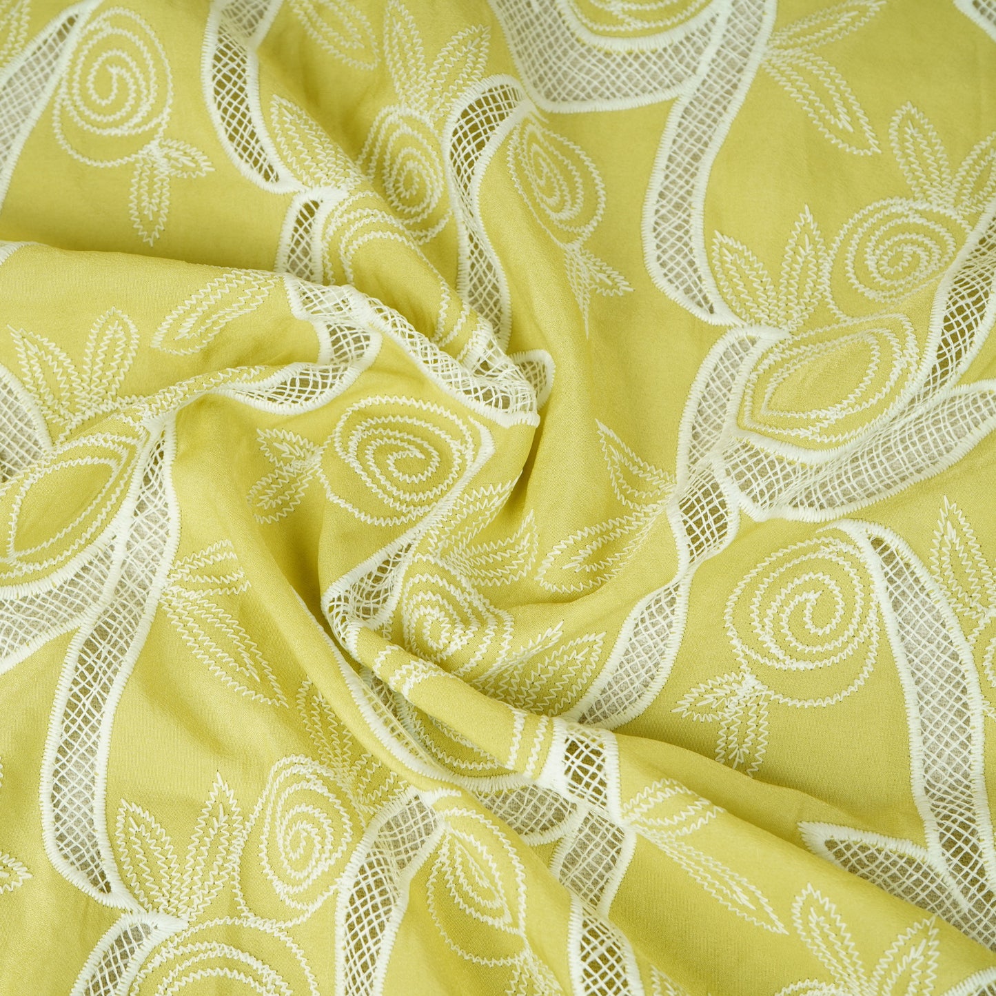 Green Floral Embroidery Schiffli Crepe Fabric AF-29922