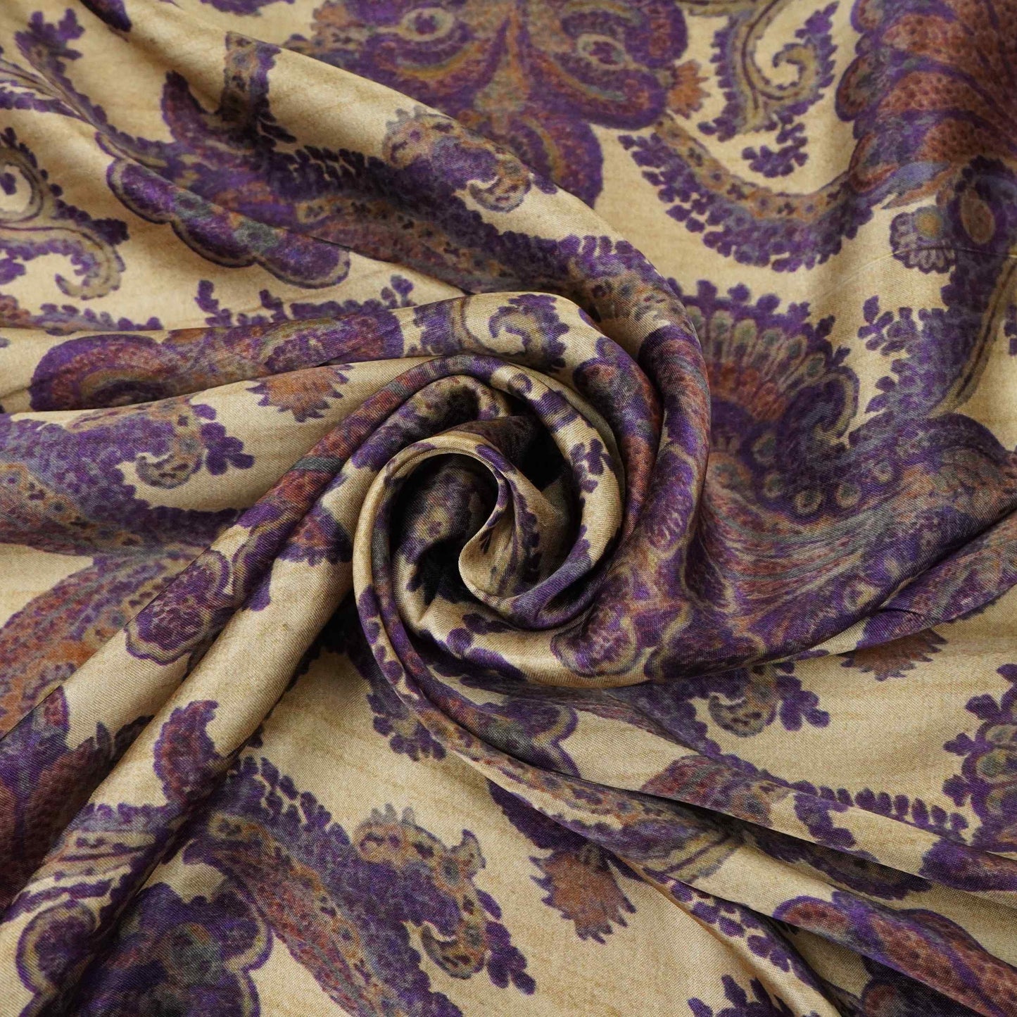 Beige with Purple Paisley print Bemberg Modal Silk Fabric KTP-31388