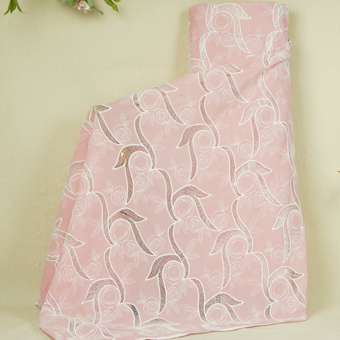 Baby Pink Floral Embroidery Schiffli Crepe Fabric AF-29920