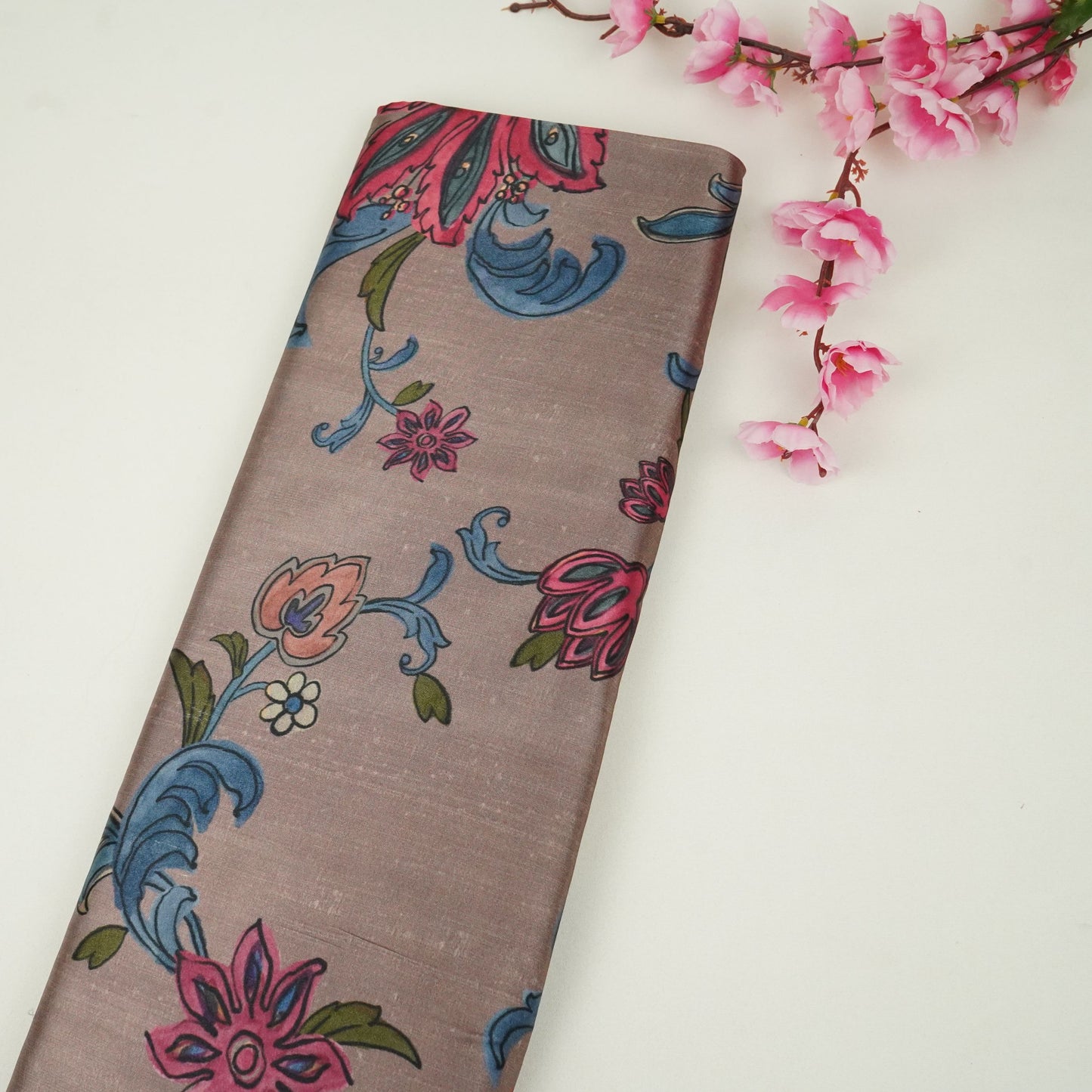 Greige floral print Bemberg Modal Silk Fabric KTP-31432