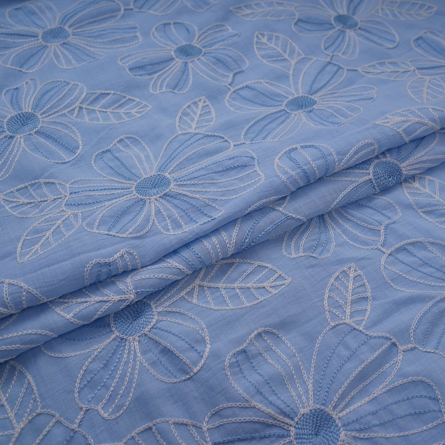Sky Blue floral thread embroidery Linen Fabric SFG-31713