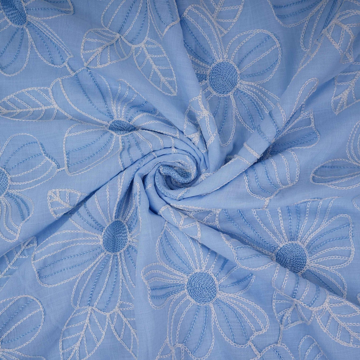 Sky Blue floral thread embroidery Linen Fabric SFG-31713