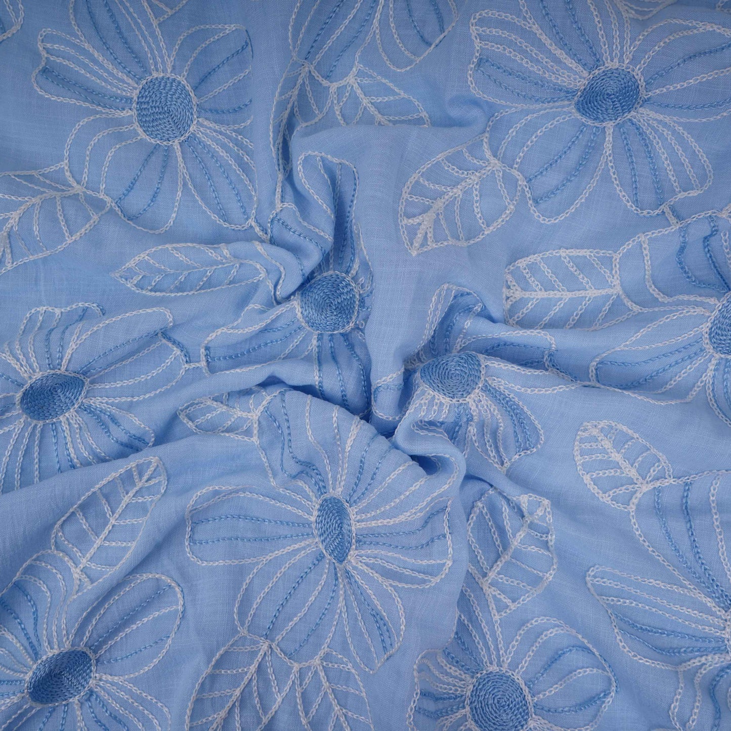 Sky Blue floral thread embroidery Linen Fabric SFG-31713