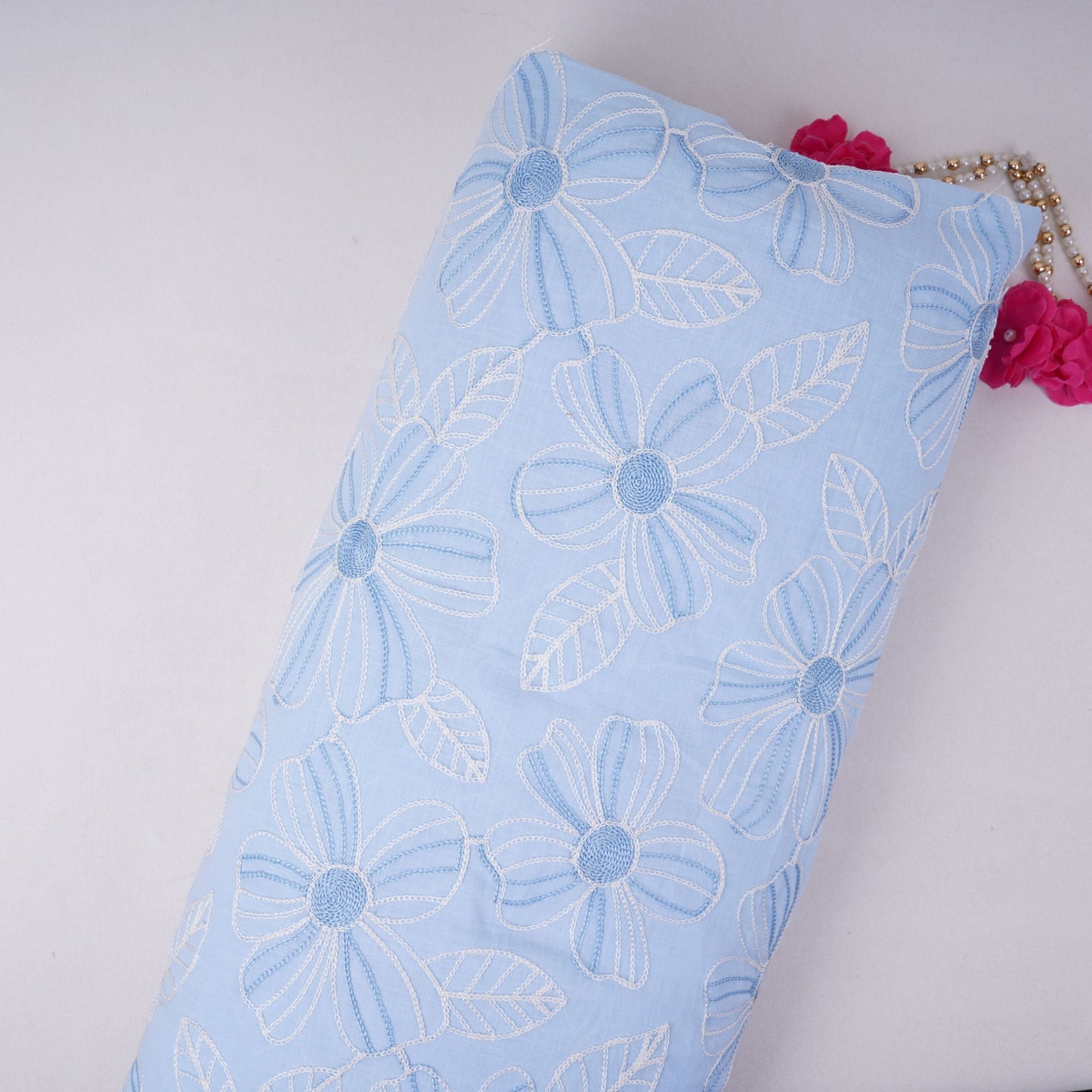 Sky Blue floral thread embroidery Linen Fabric SFG-31713