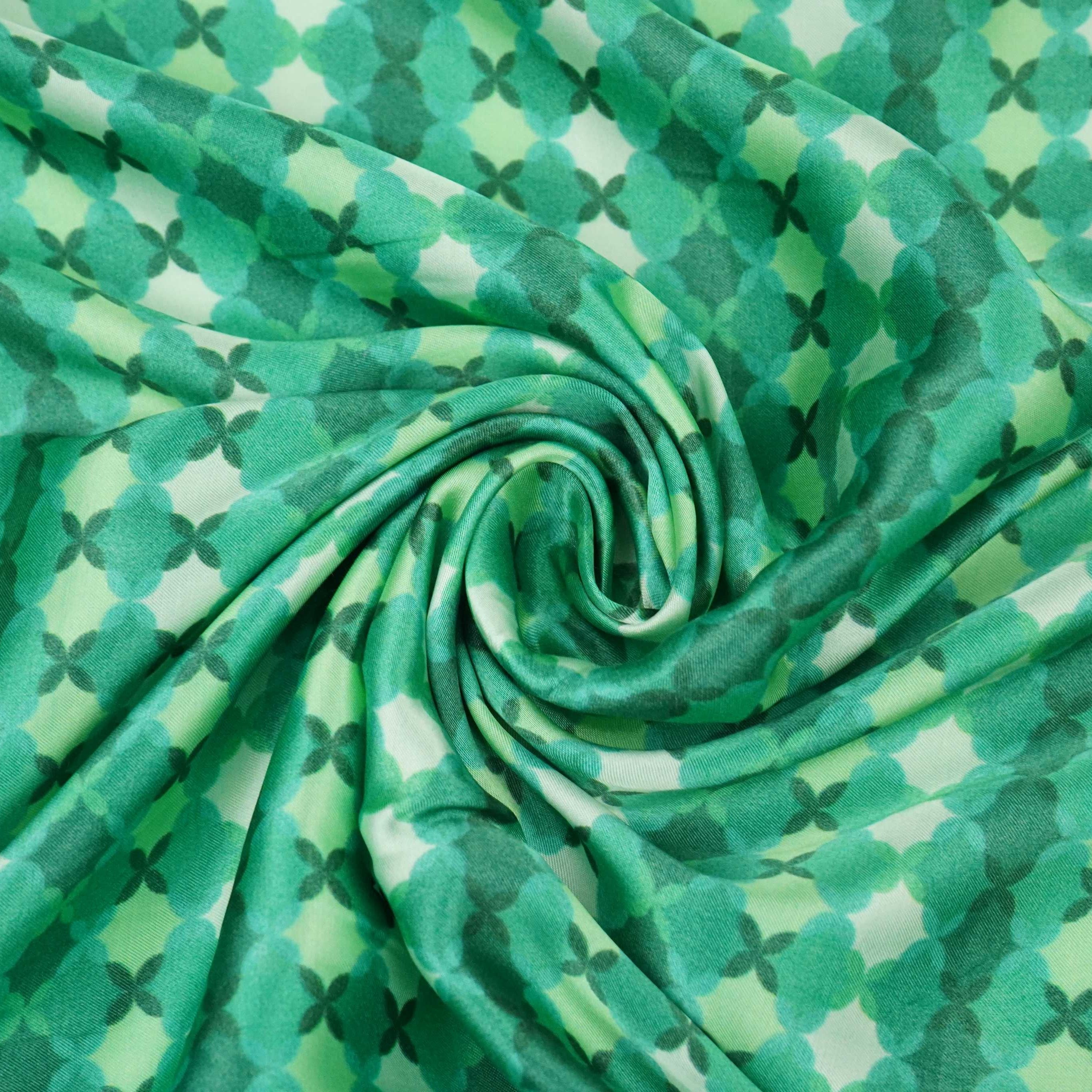 Teal Green with Dark Green Tropical stripes Bemberg Modal Silk Fabric KTP-31420 - TradeUNO