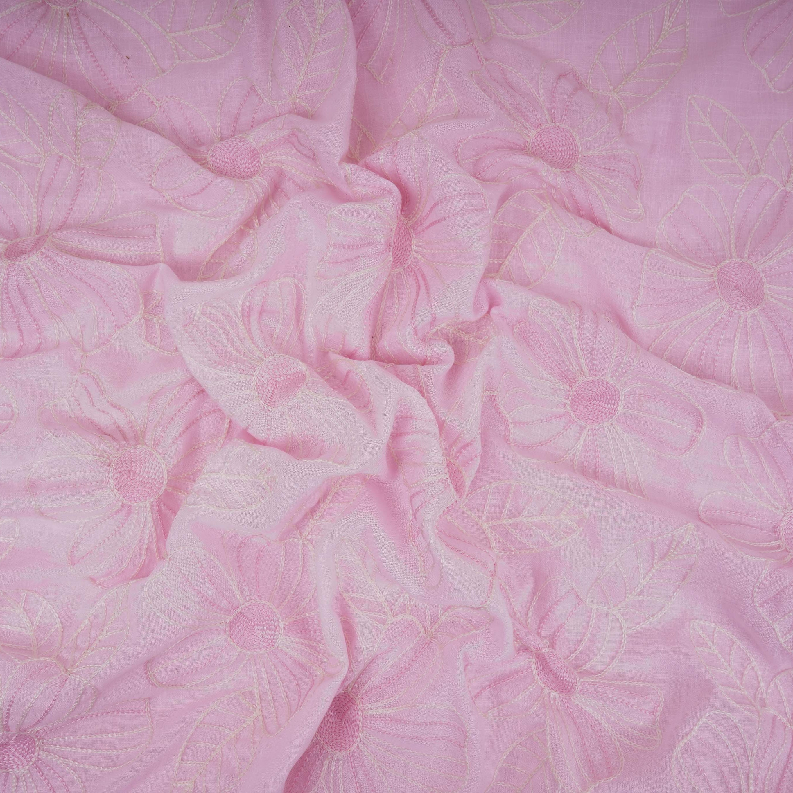 Baby Pink floral thread embroidery Linen Fabric SFG-31712 - TradeUNO
