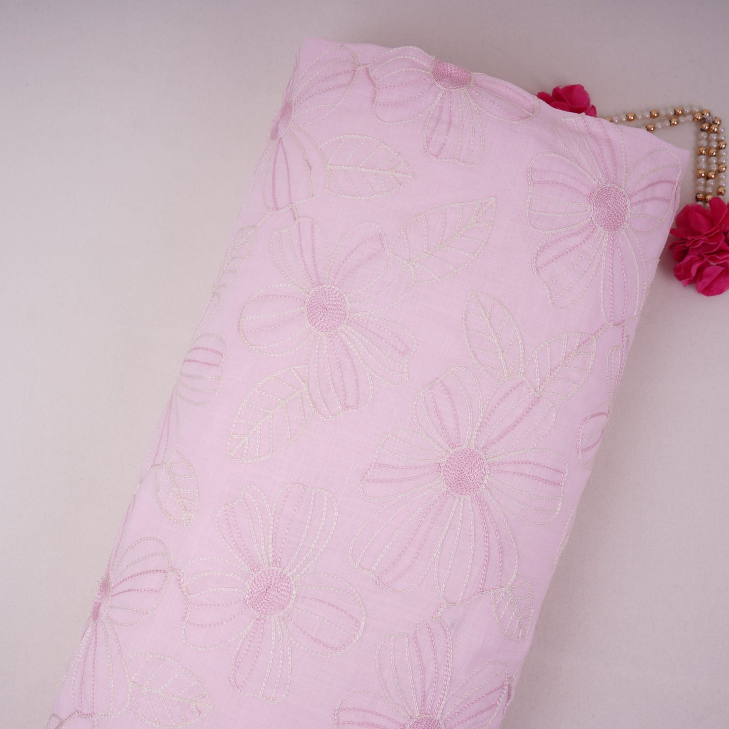 Baby Pink floral thread embroidery Linen Fabric SFG-31712