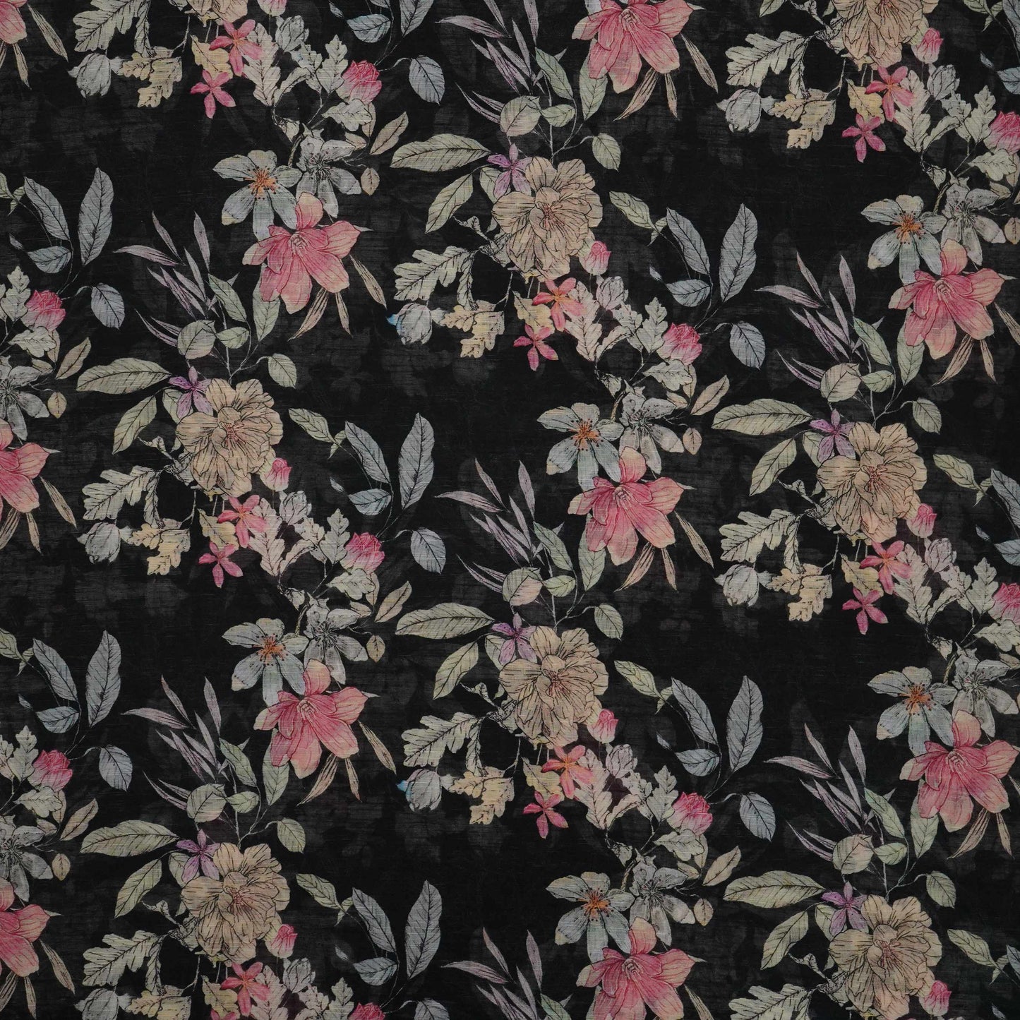 Black Floral Print Cotton Linen Fabric RT-30913