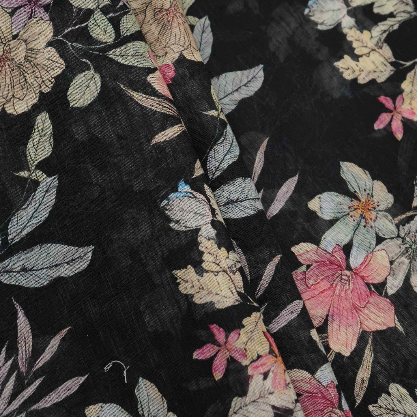 Black Floral Print Cotton Linen Fabric RT-30913