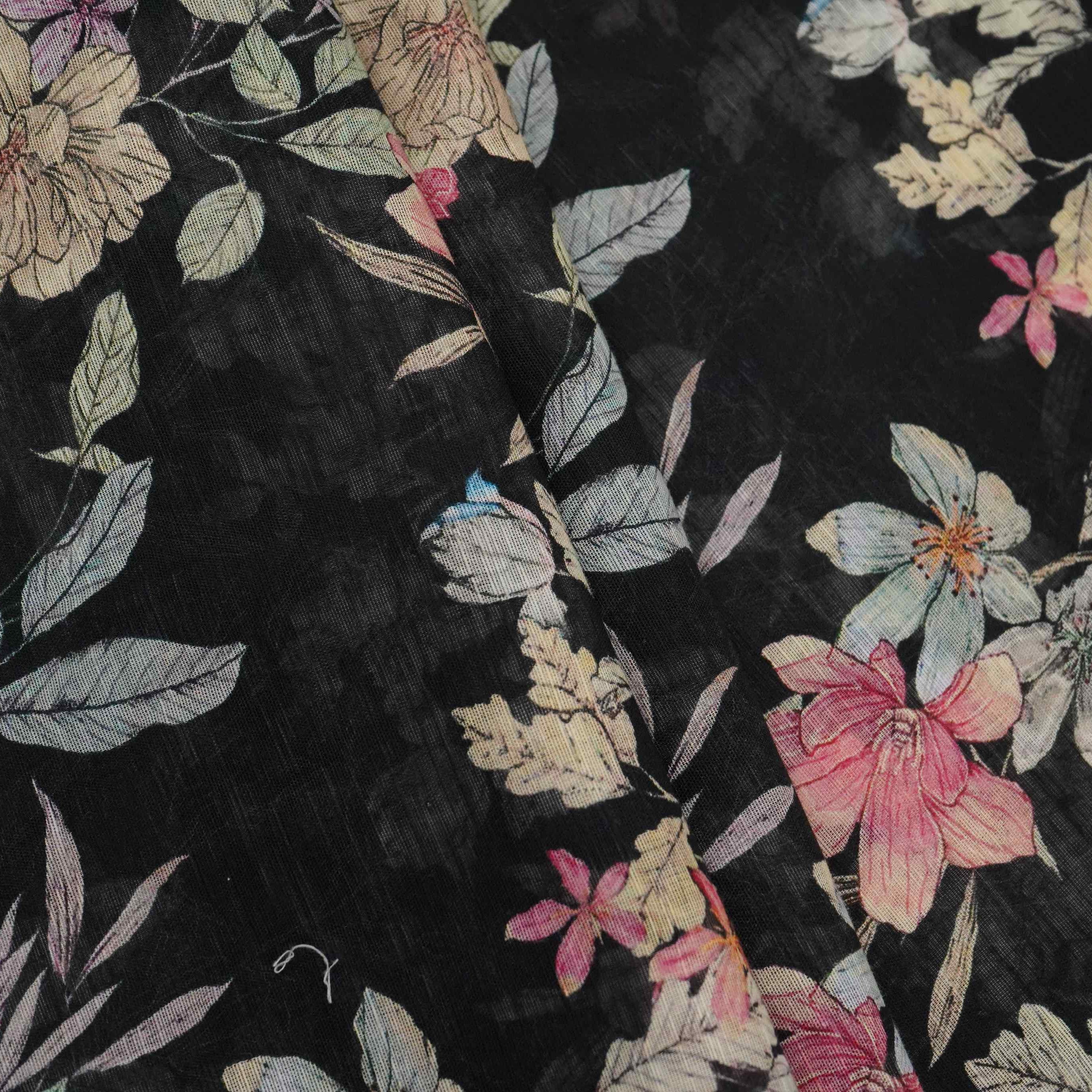Black Floral Print Cotton Linen Fabric RT-30913 - TradeUNO