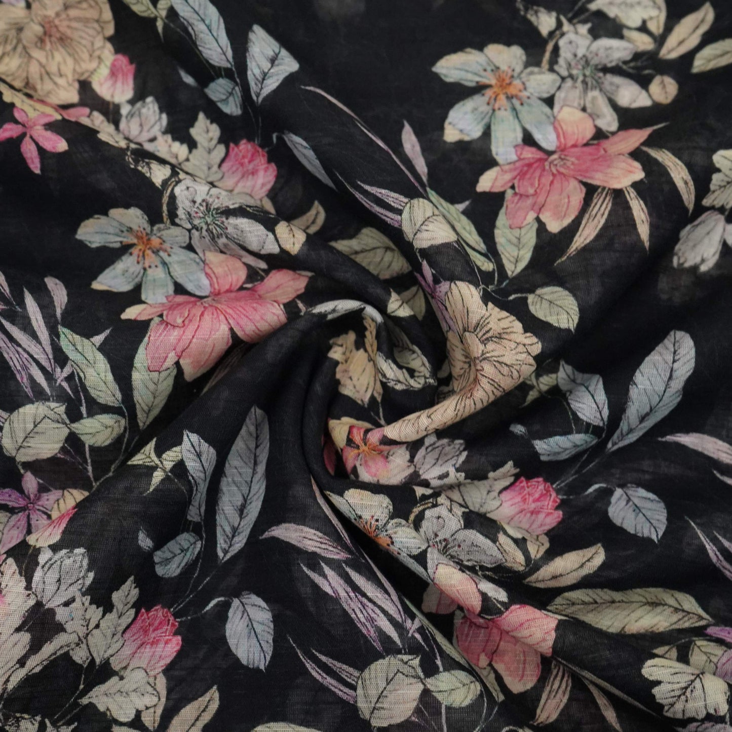 Black Floral Print Cotton Linen Fabric RT-30913