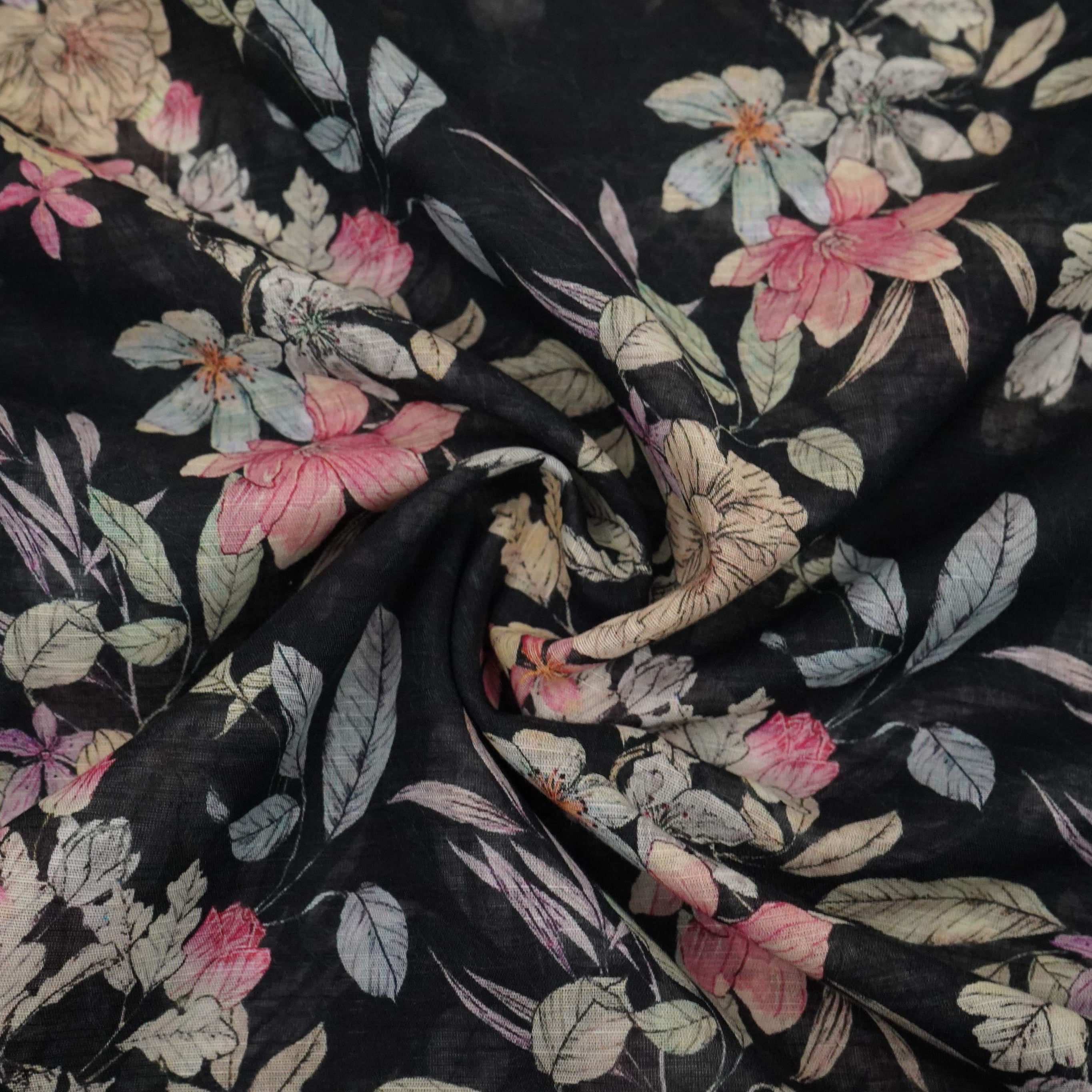 Black Floral Print Cotton Linen Fabric RT-30913 - TradeUNO