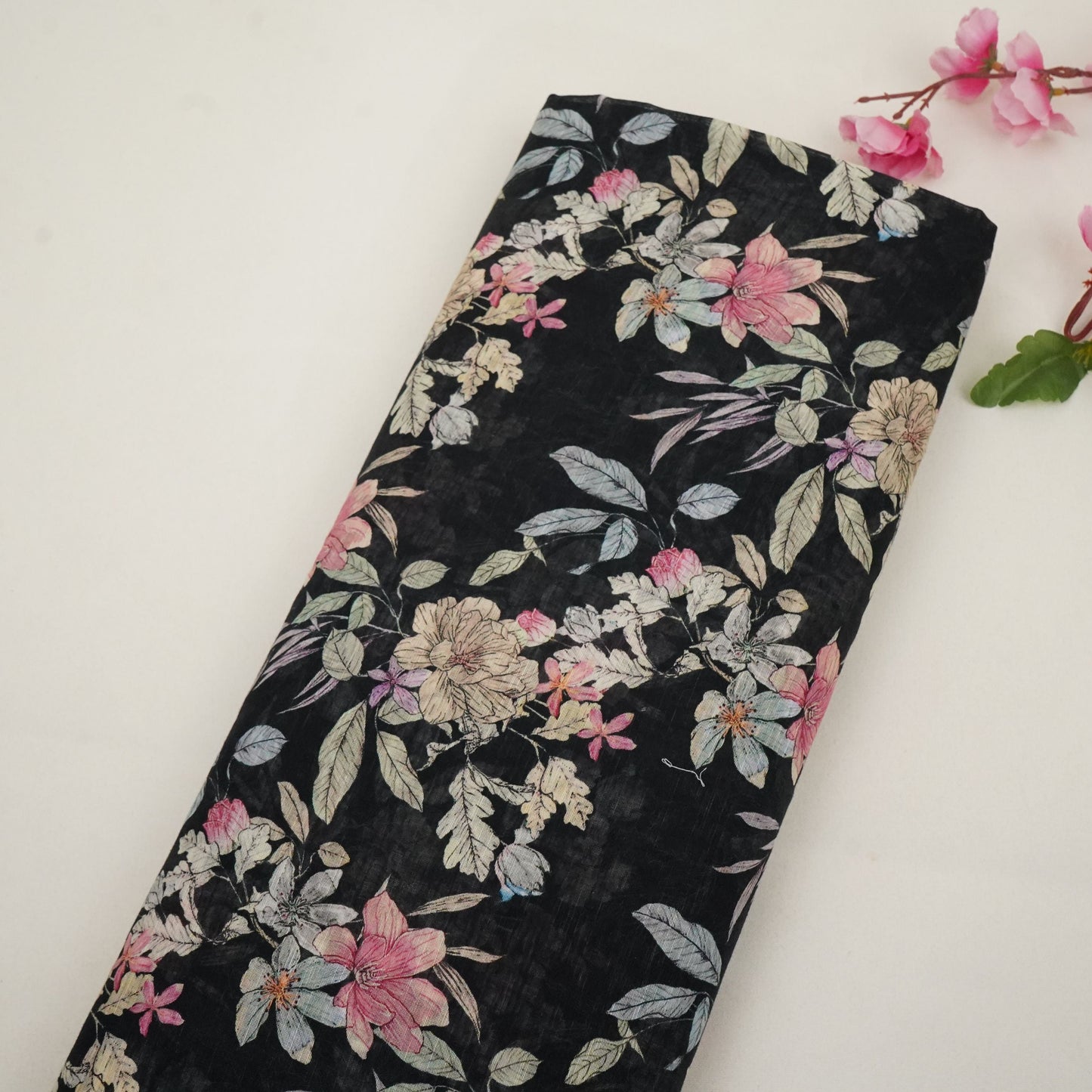 Black Floral Print Cotton Linen Fabric RT-30913