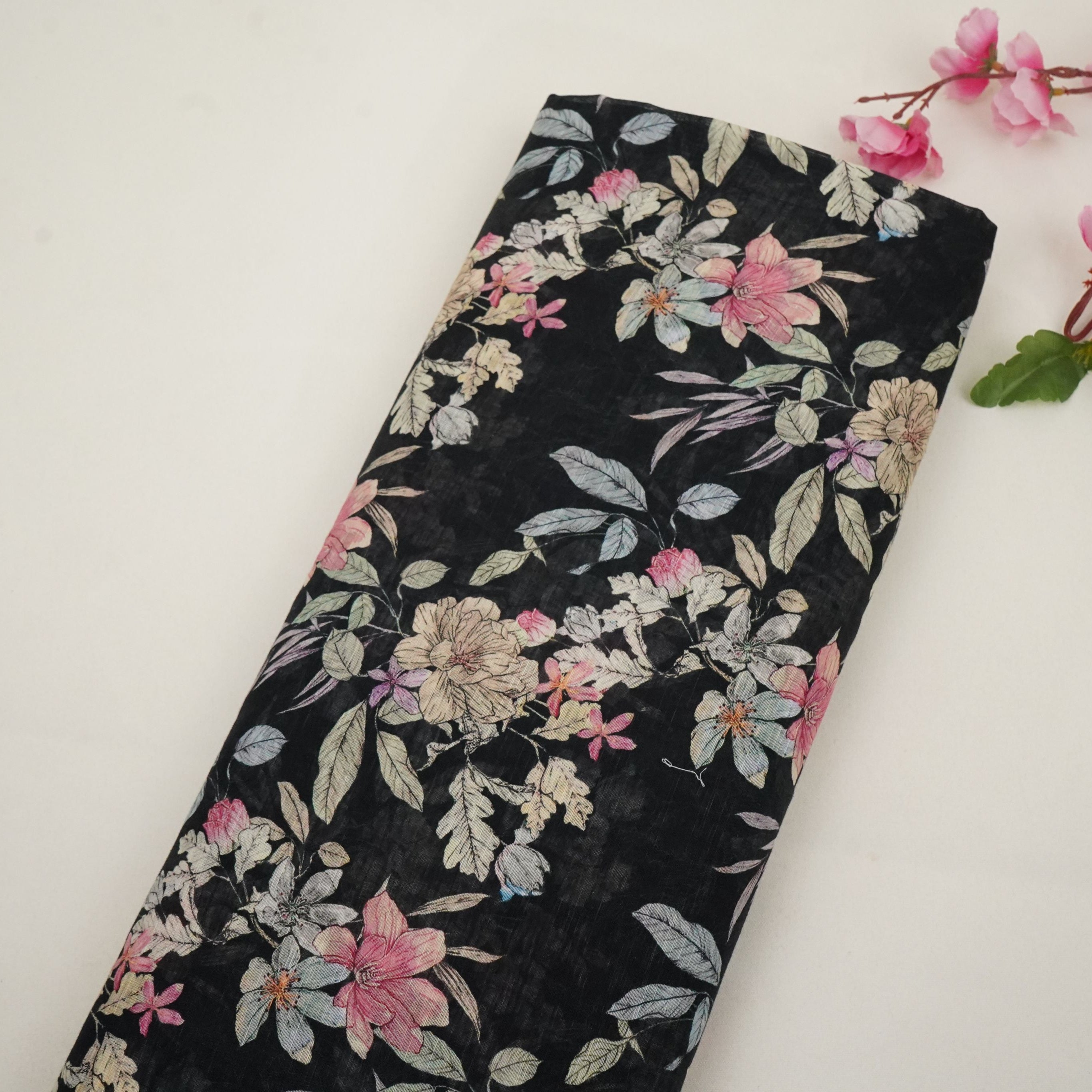 Black Floral Print Cotton Linen Fabric RT-30913 - TradeUNO