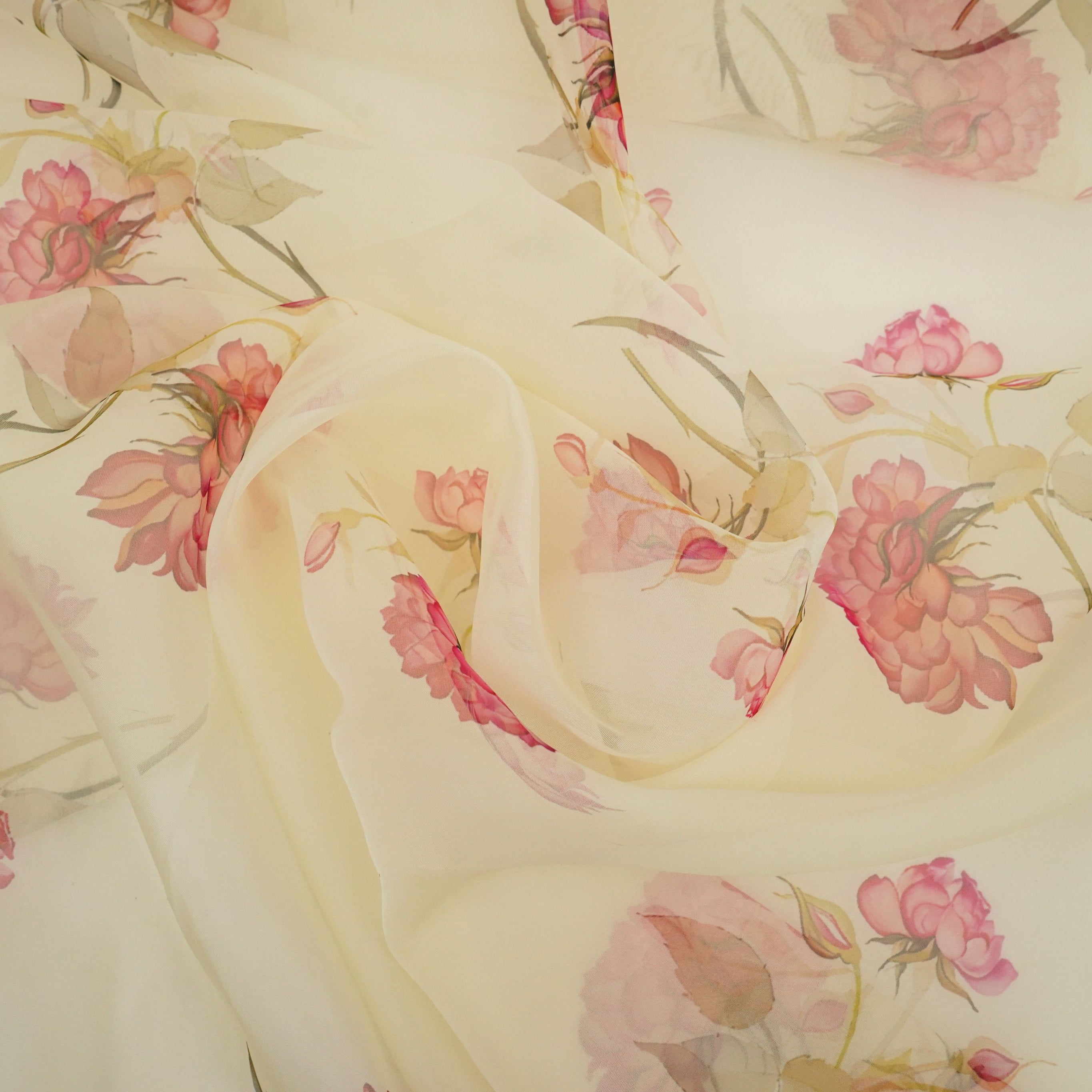 Off White floral print Organza Fabric MTFG-31104 - TradeUNO