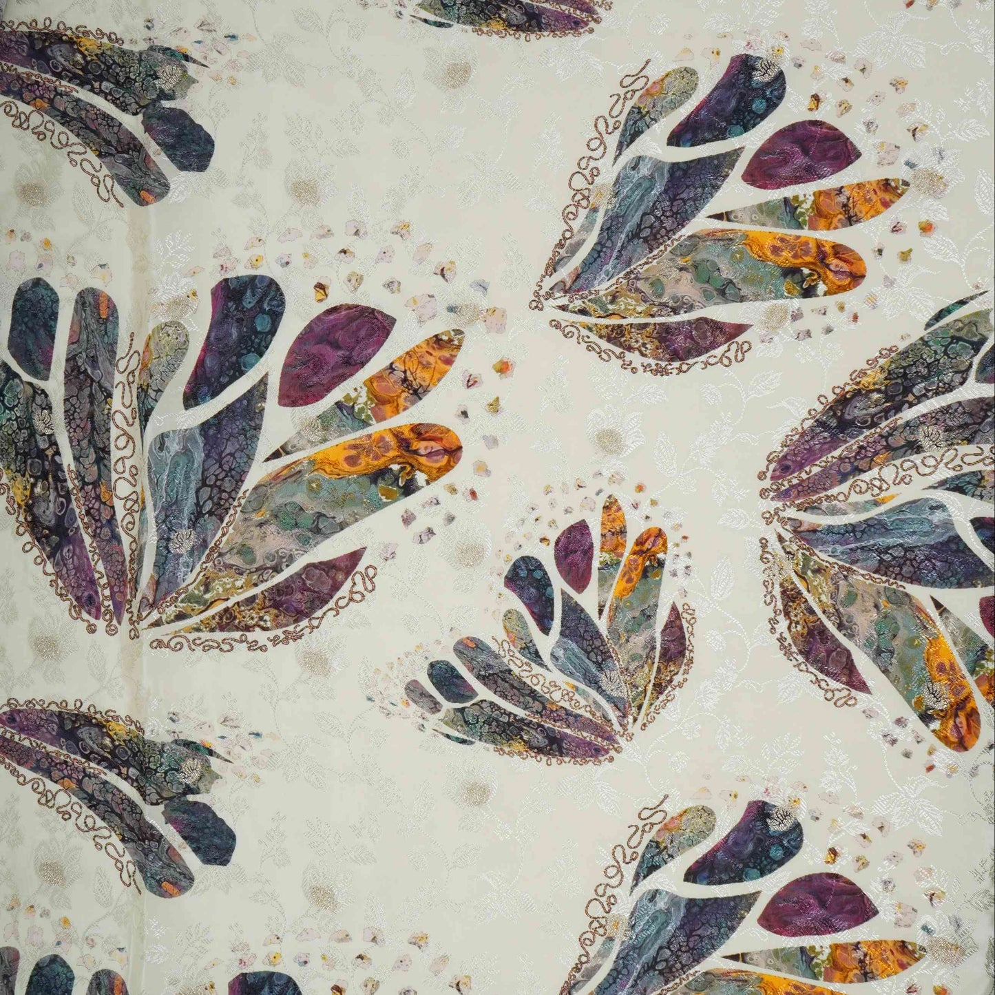 Ivory Abstract zari jacquard Pure Bemberg Crepe Fabric MTF-31814