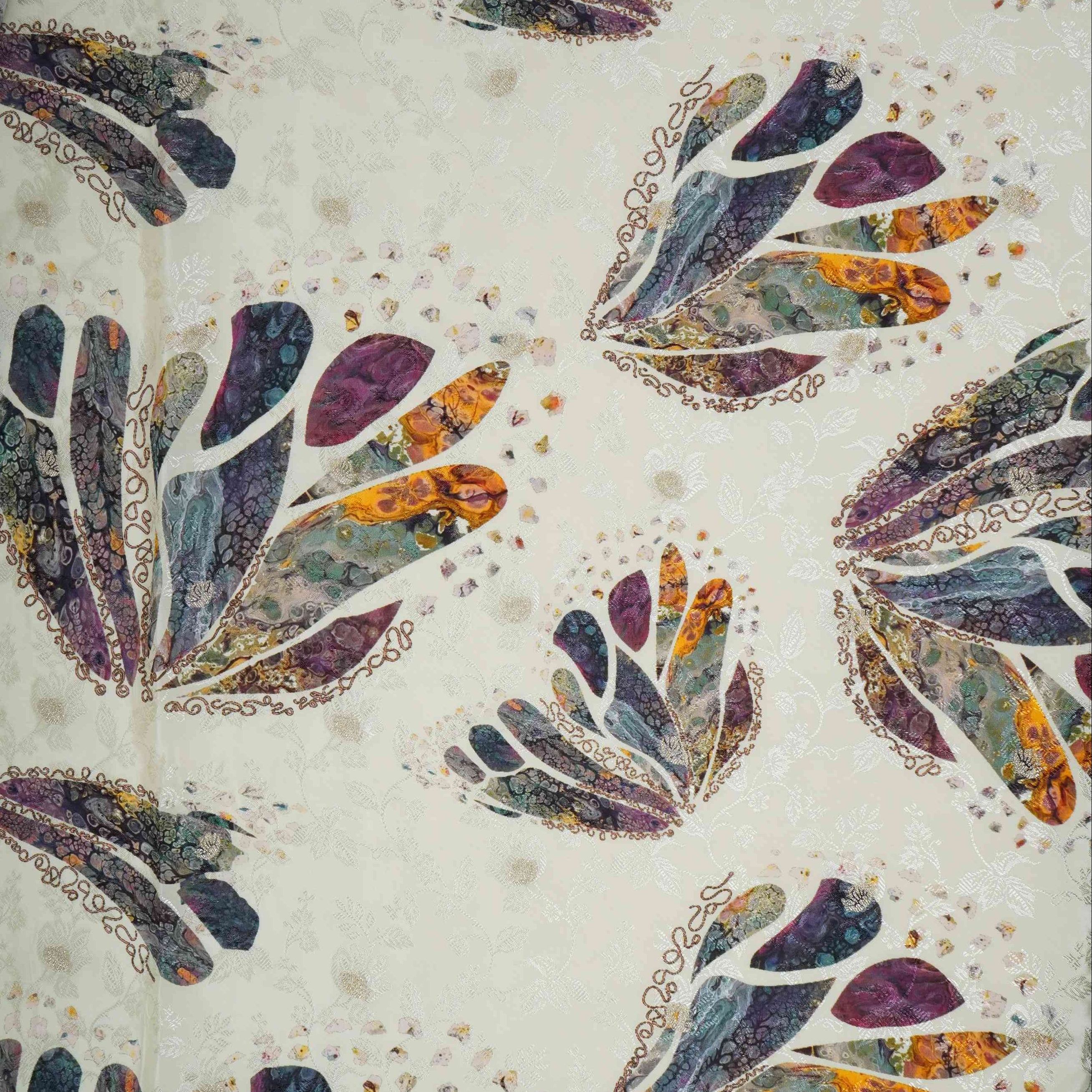 Ivory Abstract zari jacquard Pure Bemberg Crepe Fabric MTF-31814 - TradeUNO