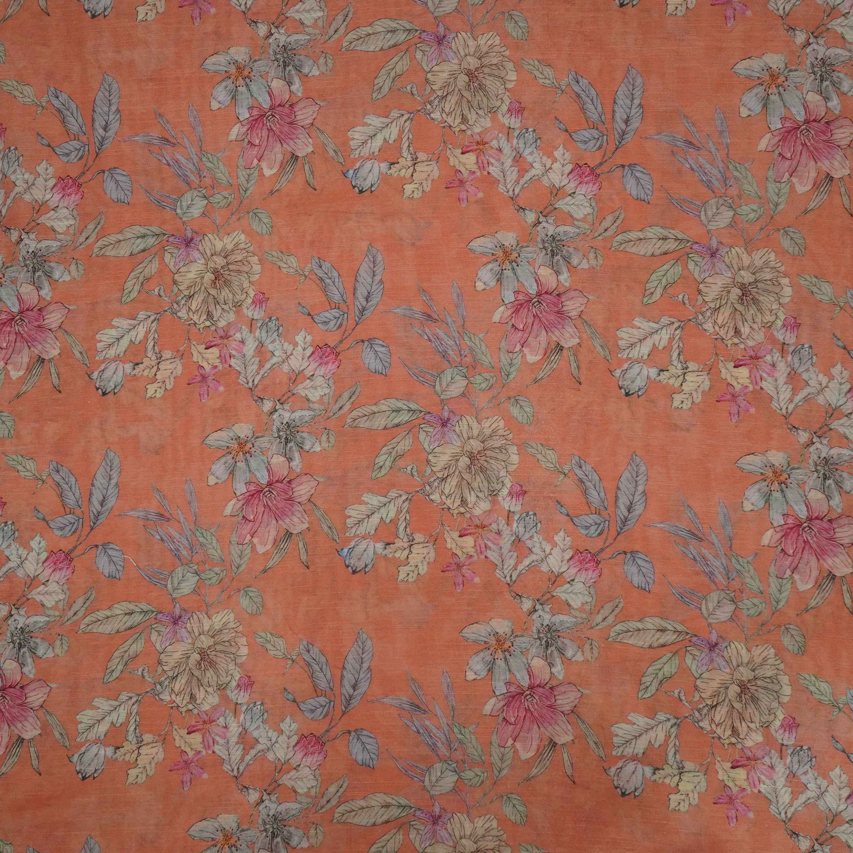 Peach Floral Print Cotton Linen Fabric RT-30901 - TradeUNO