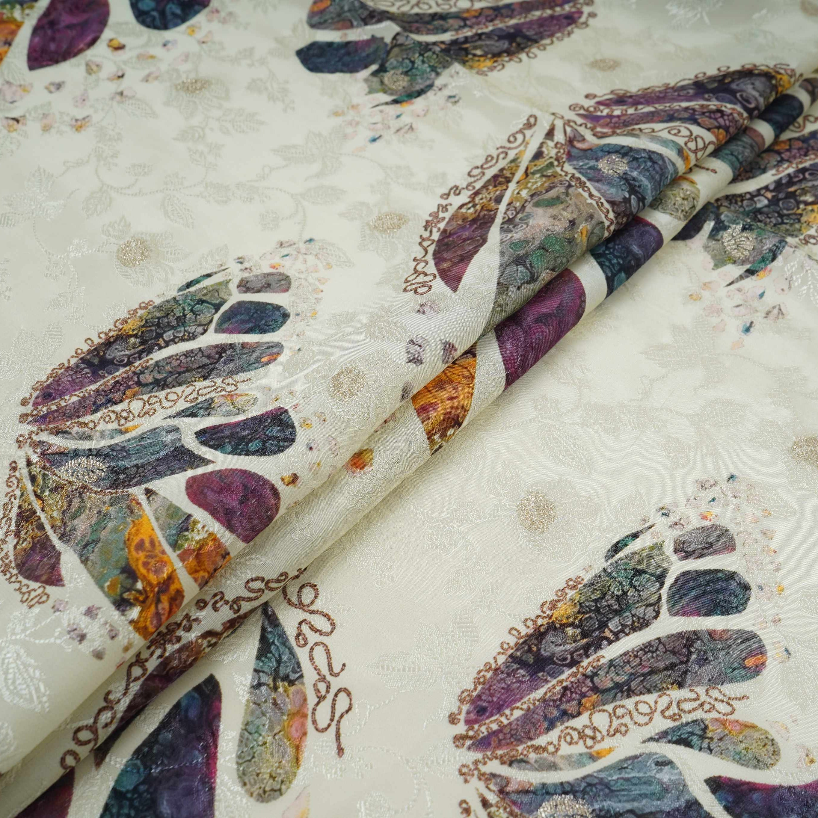 Ivory Abstract zari jacquard Pure Bemberg Crepe Fabric MTF-31814 - TradeUNO