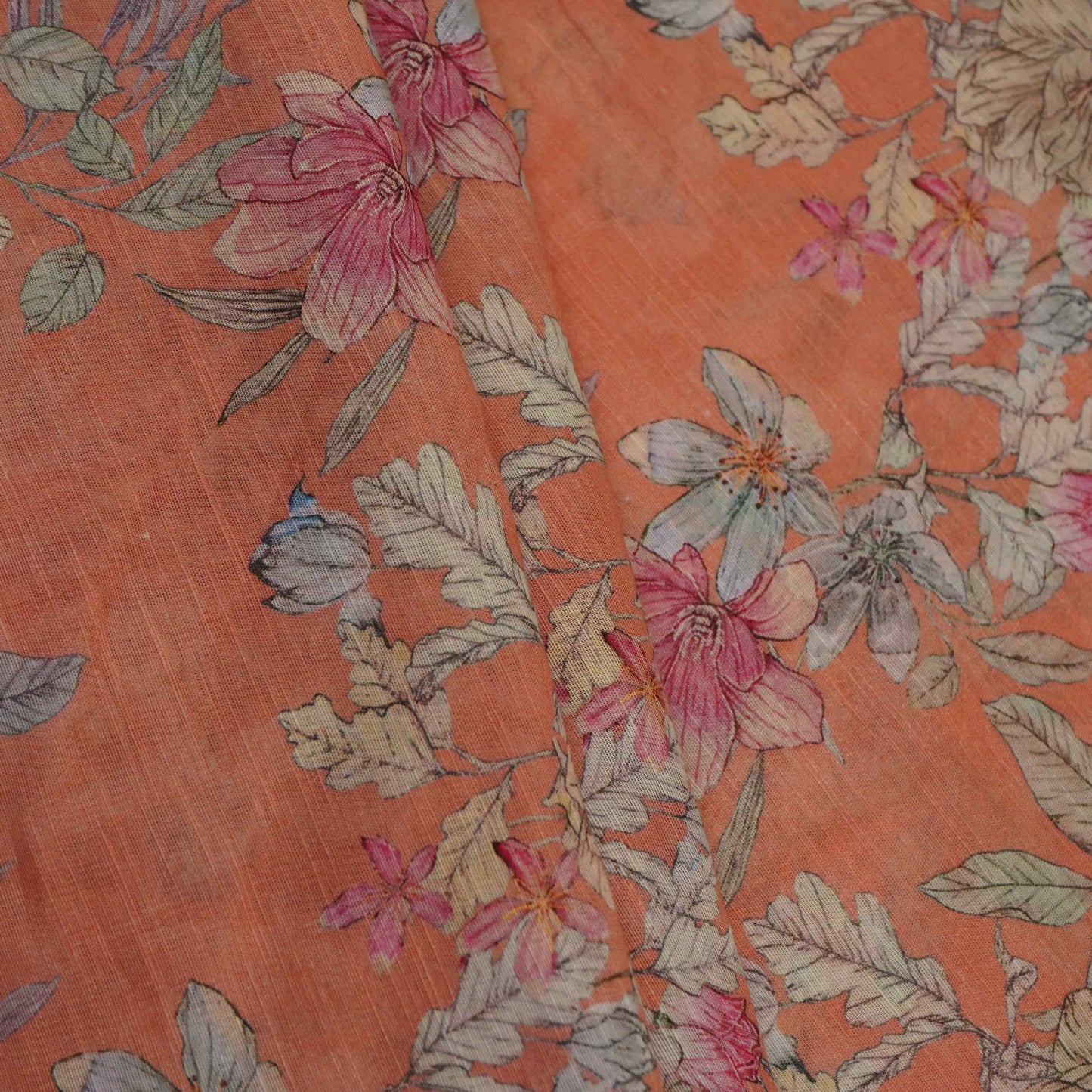 Peach Floral Print Cotton Linen Fabric RT-30901