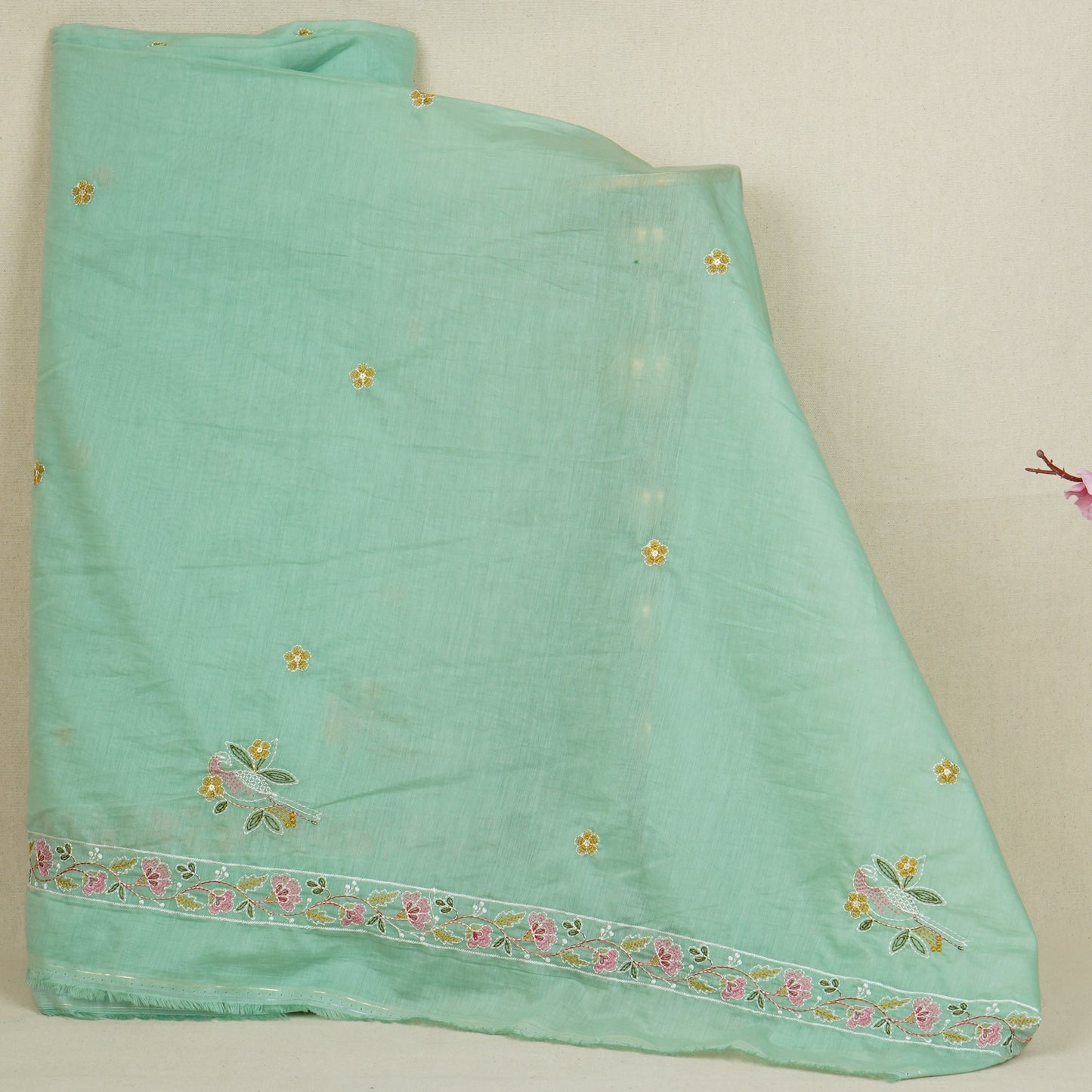 Sea Green Floral Border Embroidery Mul Chanderi Fabric DC-29917