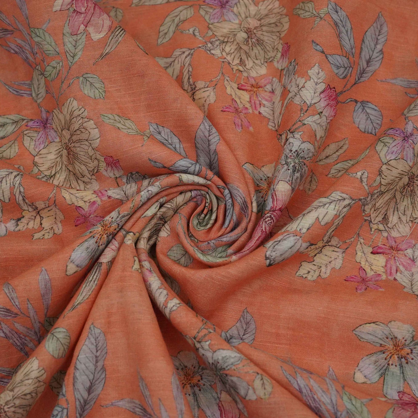 Peach Floral Print Cotton Linen Fabric RT-30901