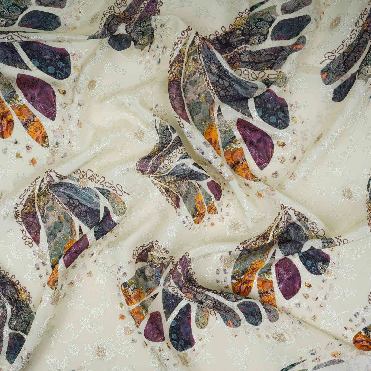 Ivory Abstract zari jacquard Pure Bemberg Crepe Fabric MTF-31814