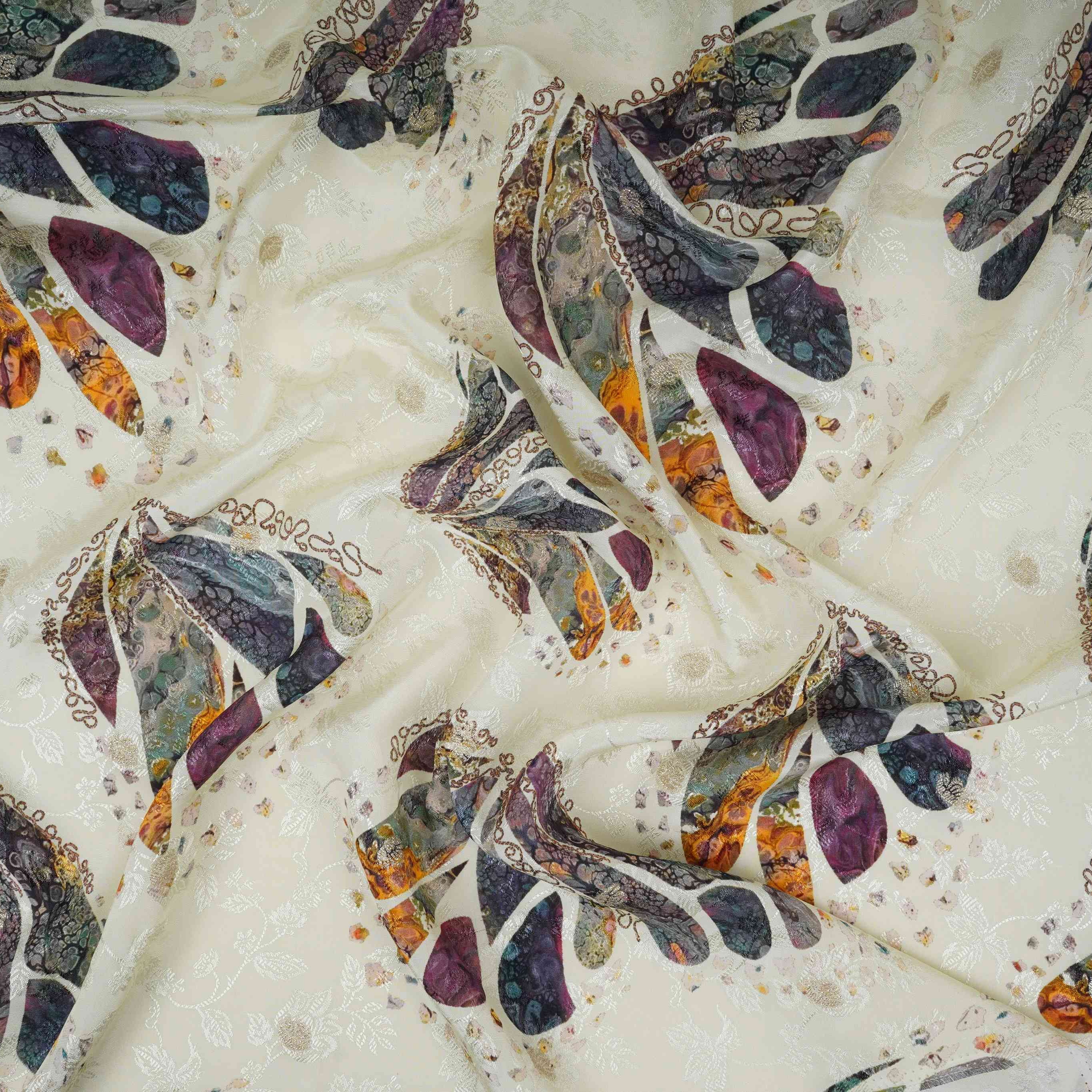 Ivory Abstract zari jacquard Pure Bemberg Crepe Fabric MTF-31814 - TradeUNO
