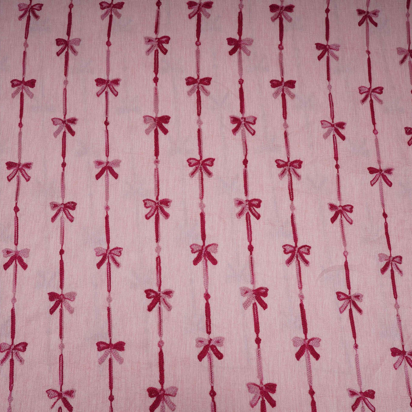 Peach Pink Bow Stripes embroidery Chinon Cotton Slub Fabric SFG-31707