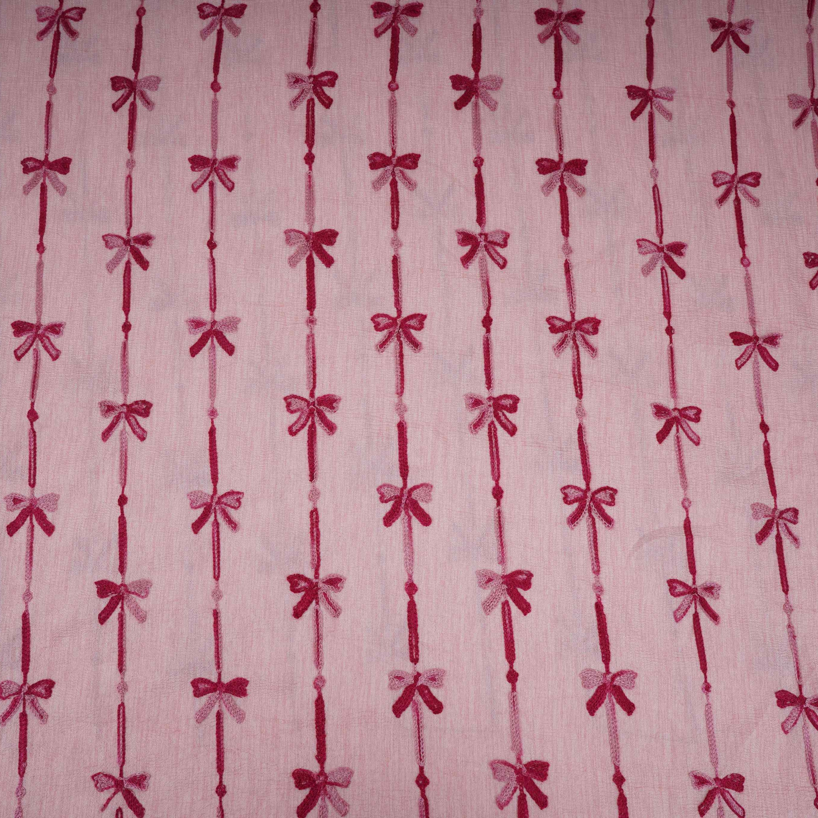 Peach Pink Bow Stripes embroidery Chinon Cotton Slub Fabric SFG-31707 - TradeUNO