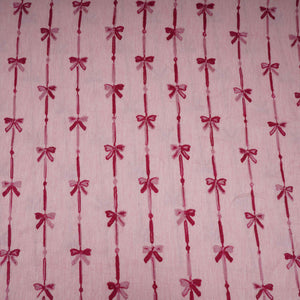 Peach Pink Bow Stripes embroidery Chinon Cotton Slub Fabric SFG-31707 - TradeUNO
