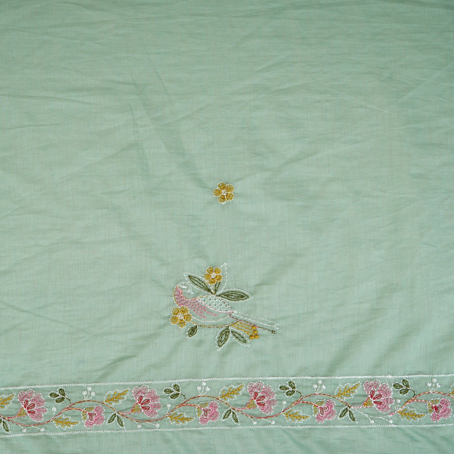 Sea Green Floral Border Embroidery Mul Chanderi Fabric DC-29917