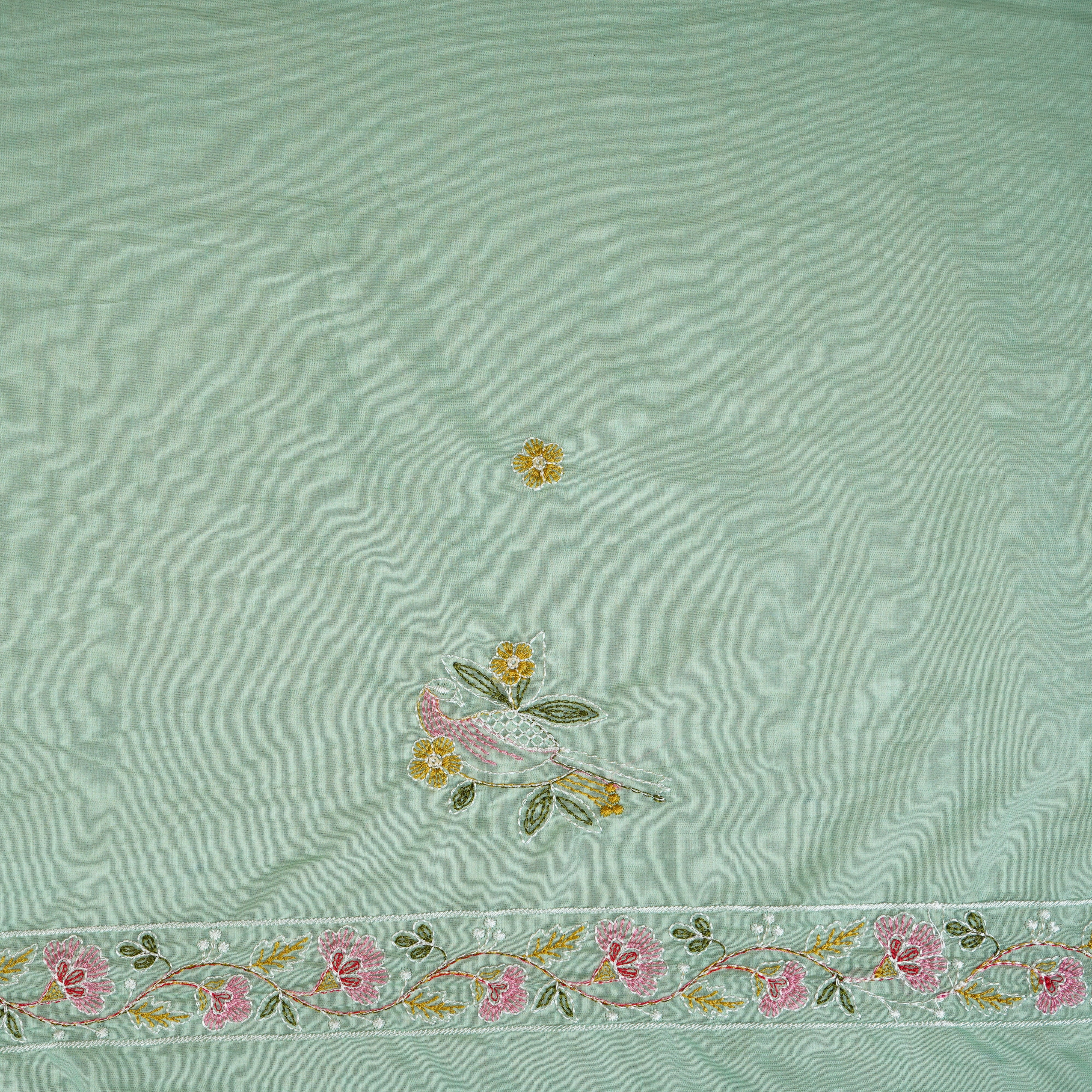 Sea Green Floral Border Embroidery Mul Chanderi Fabric DC-29917 - TradeUNO