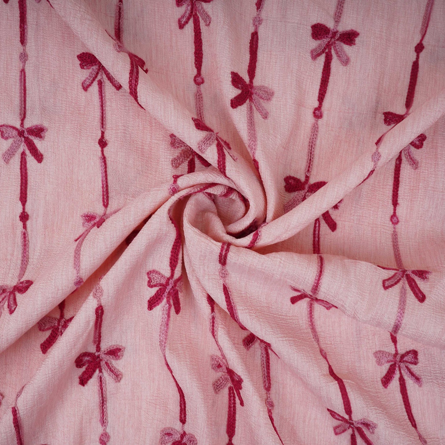 Peach Pink Bow Stripes embroidery Chinon Cotton Slub Fabric SFG-31707