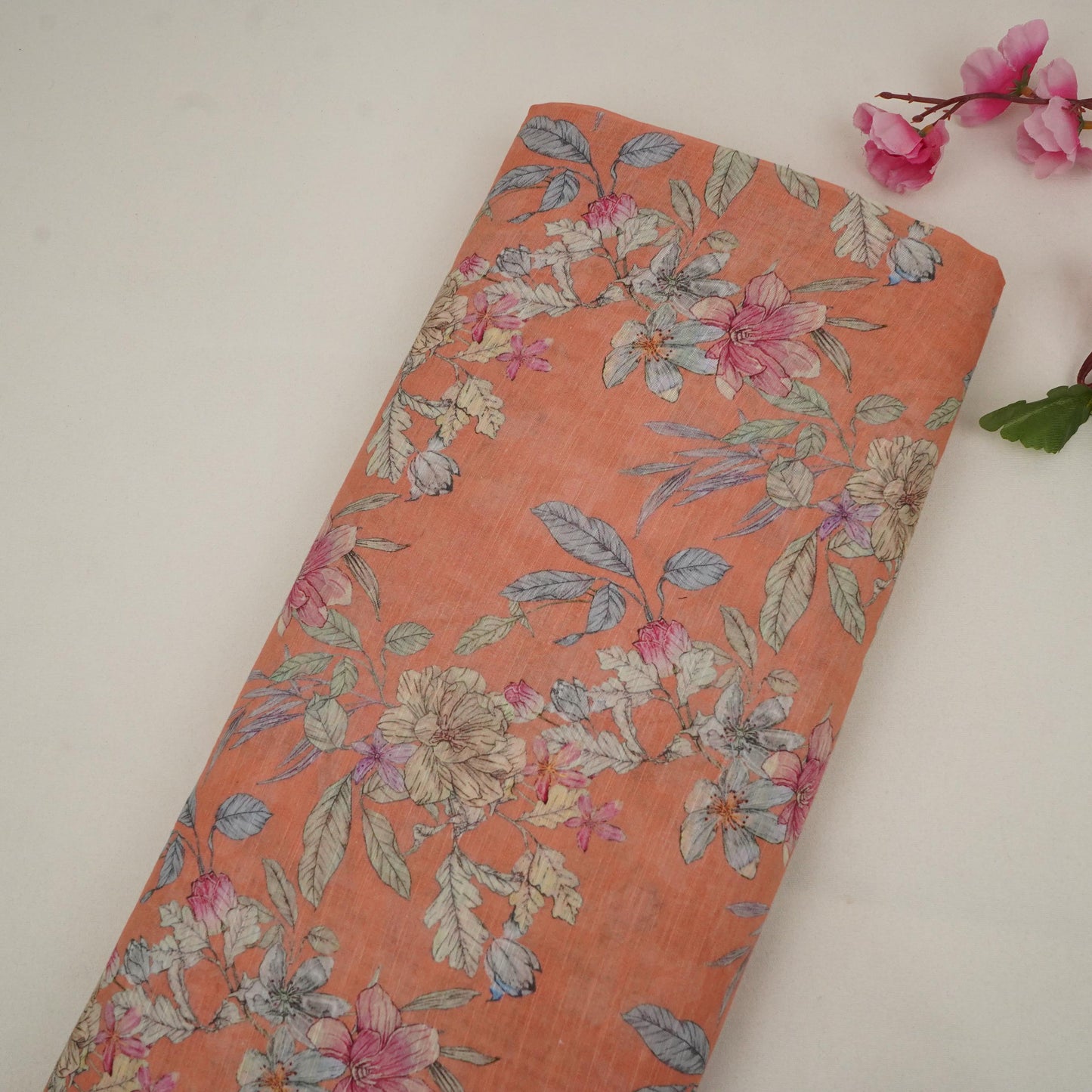 Peach Floral Print Cotton Linen Fabric RT-30901