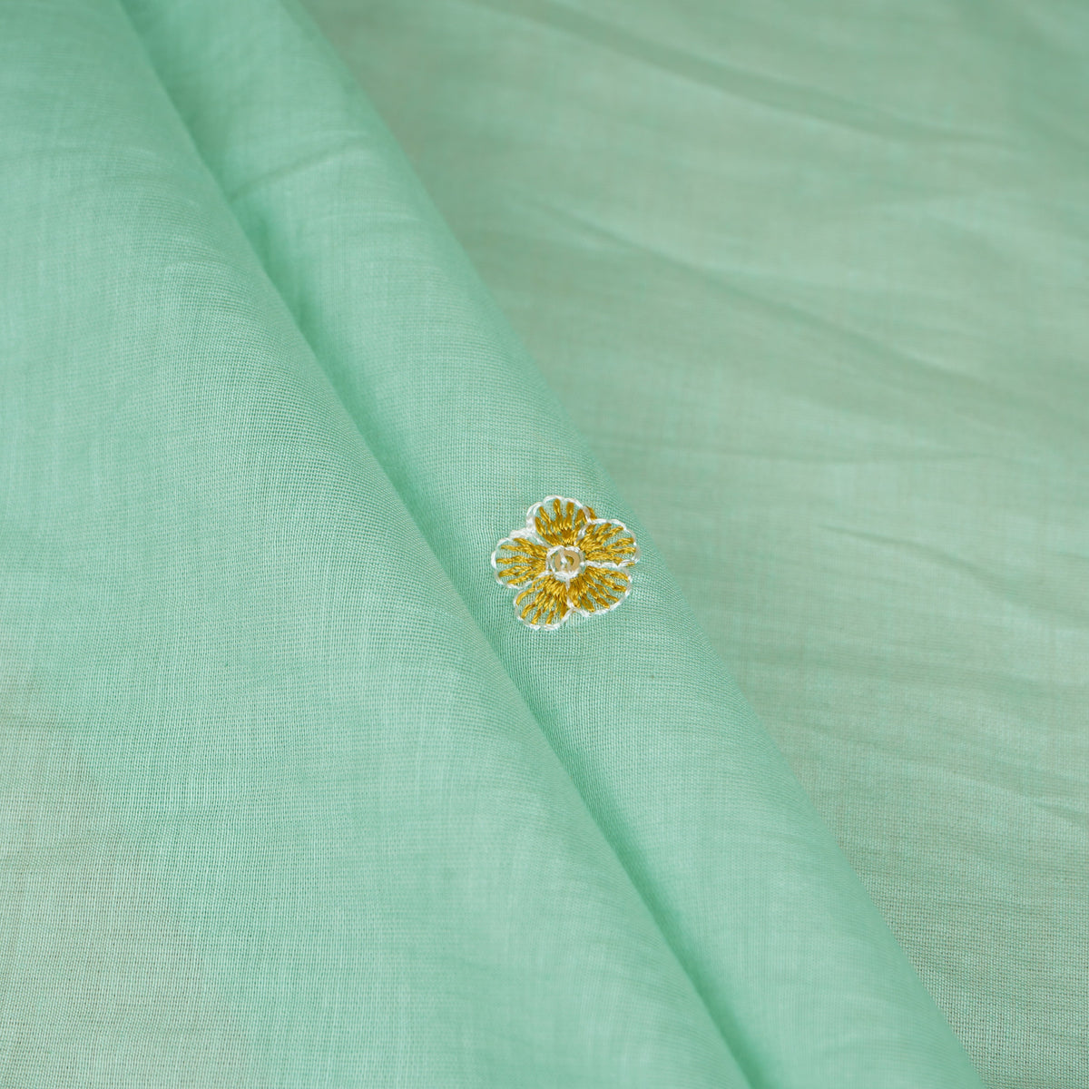 Sea Green Floral Border Embroidery Mul Chanderi Fabric DC-29917 - TradeUNO